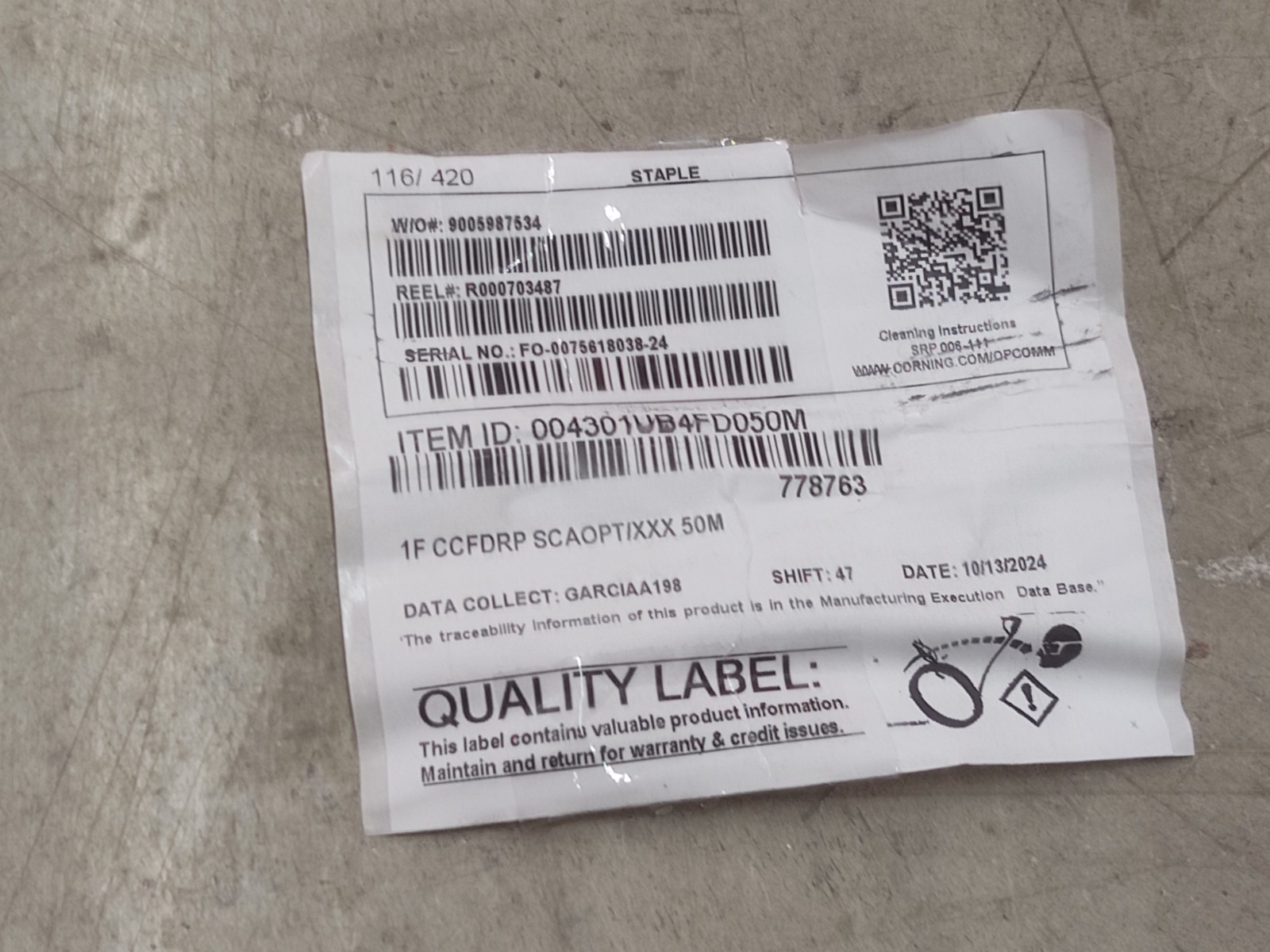 Corning 1F CCFRDP SCAOPT/XXX Fiber Optic Drop Cable 50M Reel SC/APC Connector