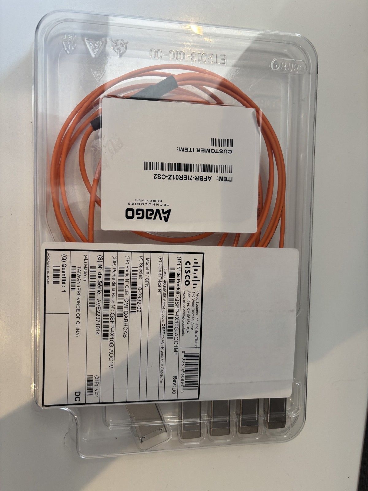 Cisco QSFP-4X10G-AOC1M 40GBASE 1M Active Optical QSFP to 4SFP Breakout Cable