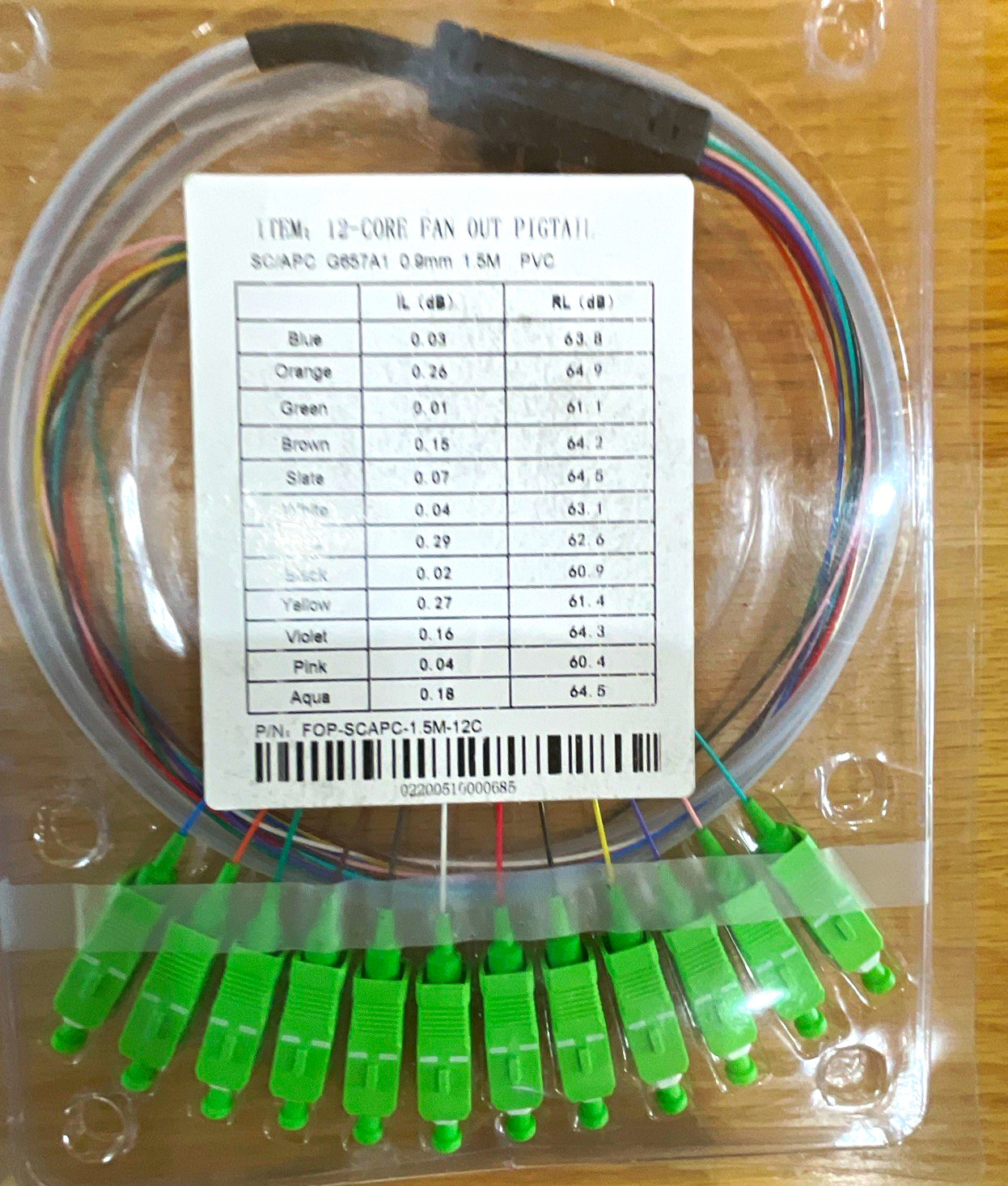 12-Core SC/APC to Raw Fiber Single-Mode Pigtail Cable 1.5m