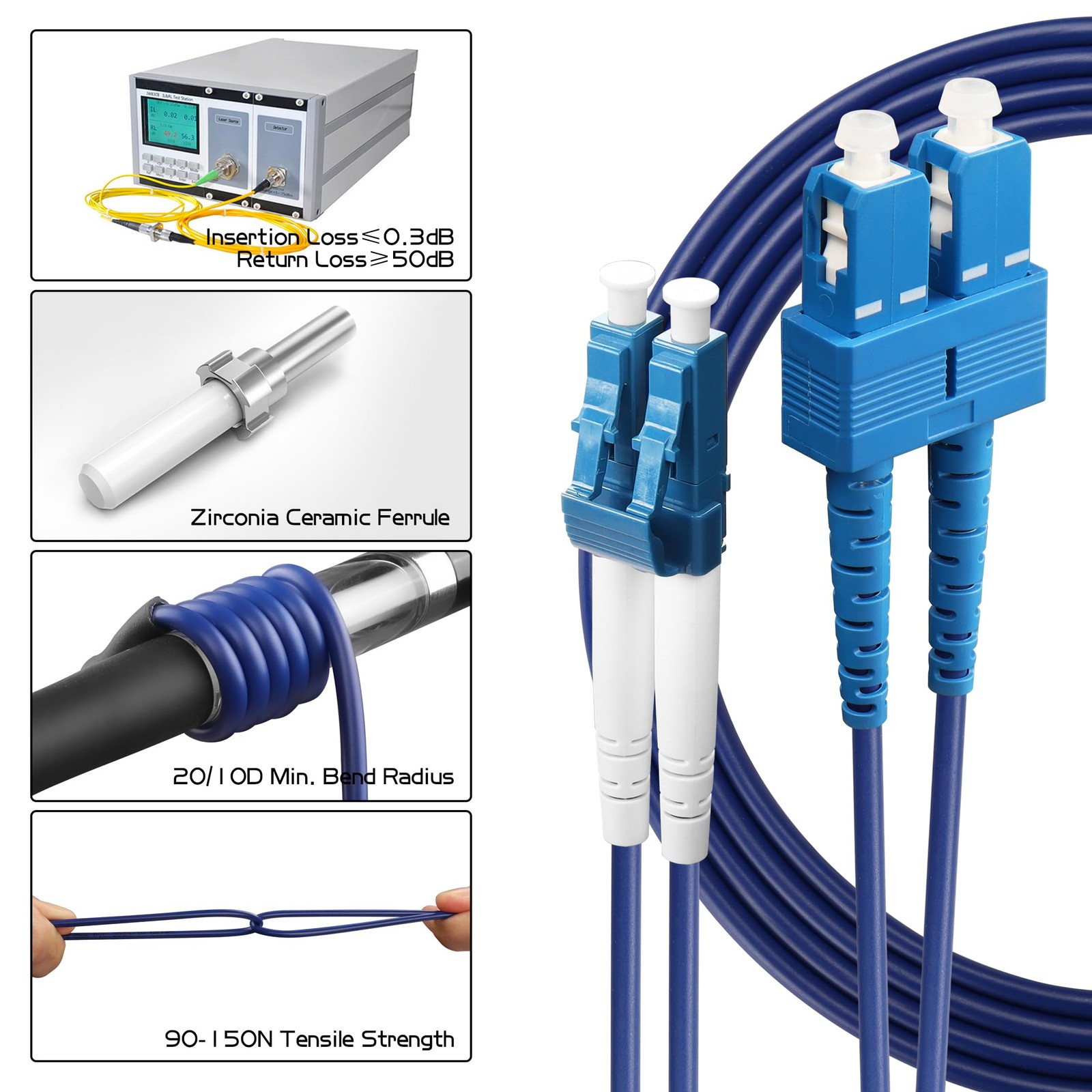 LC to SC Armored Fiber Patch Cable OS2 Duplex 2M 6.5FT 9/125um LSZH Blue