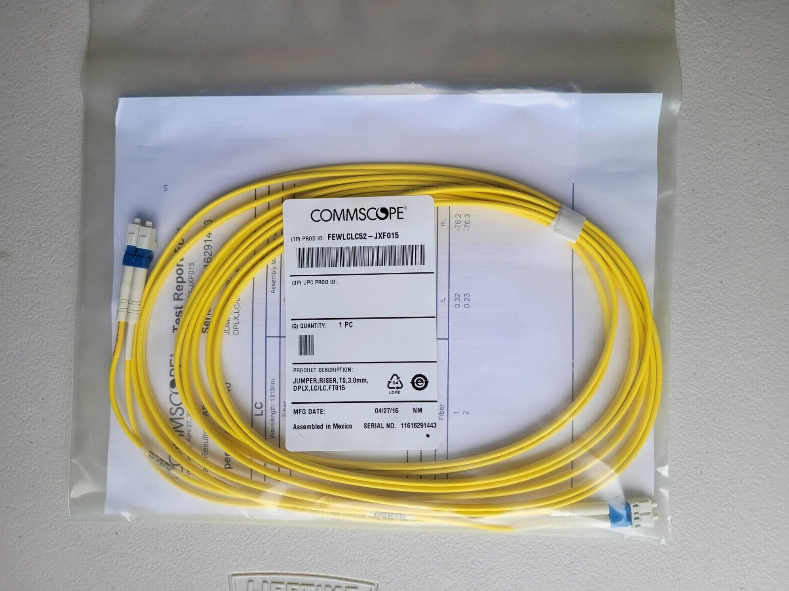 New FEWLCLC52-JXF015 Duplex LC to LC 15FT 3.0 Mm Fiber Patch Cable w/ Test Data