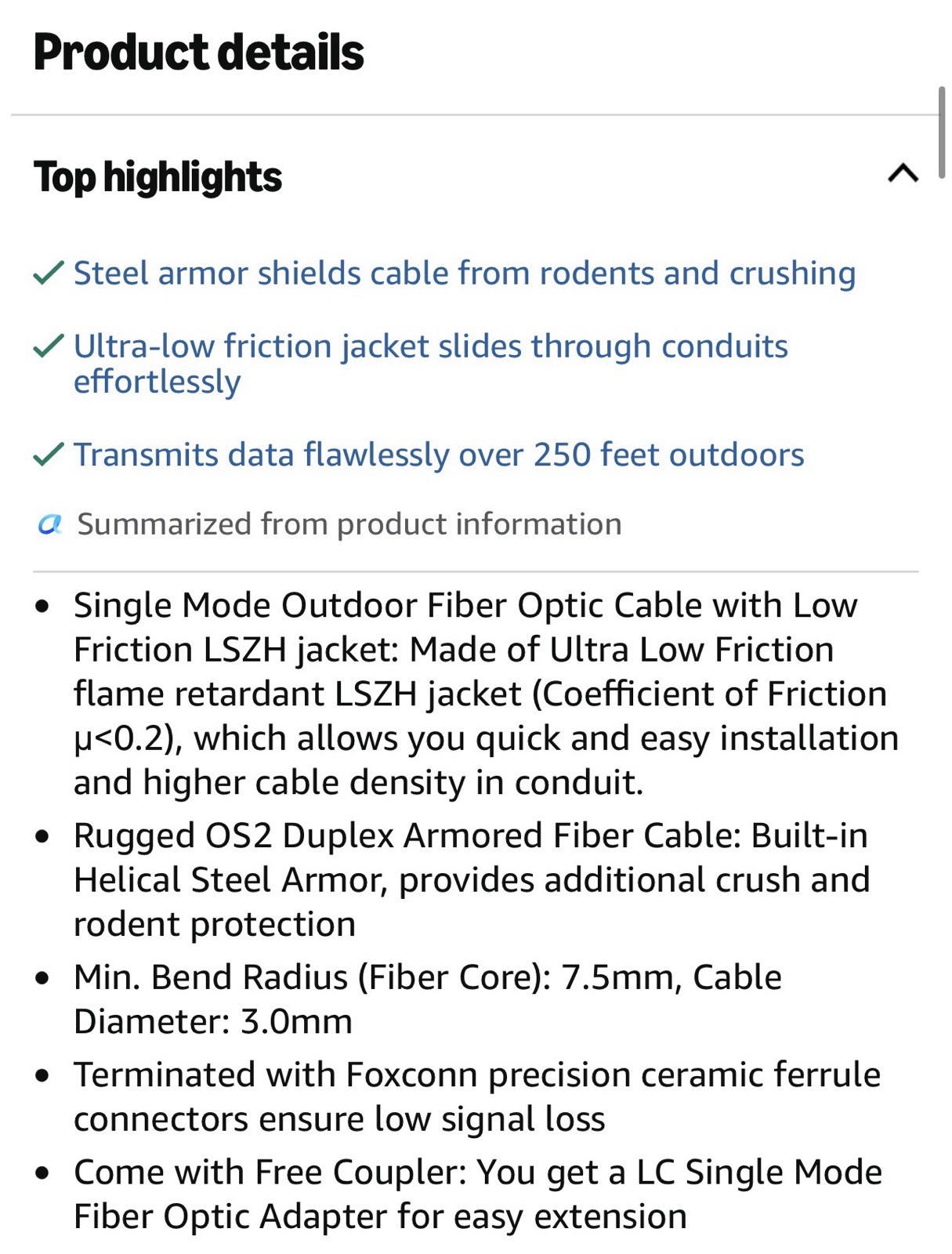 Yutianhome 250ft/75m LC to LC Armored Outdoor Fiber Optic Cable,