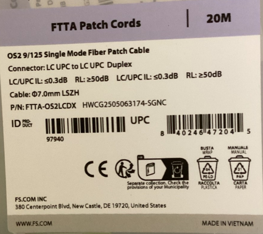 Lot of 3 FS 20M FTTA Fiber Patch Cords – OS2 9/125 SM – LC UPC Duplex – New Seal