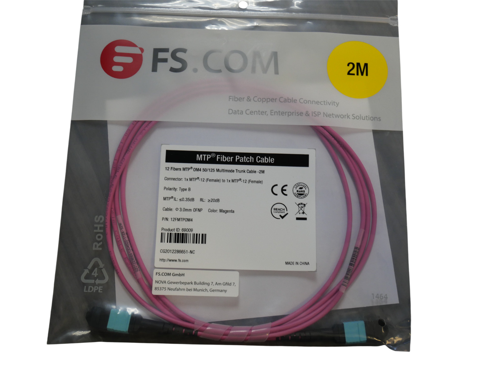 Lot 5 FS MTP/MPO Fiber Patch Cable 12 Fibers MTP OM4 50/125 Multimode Trunk 2M
