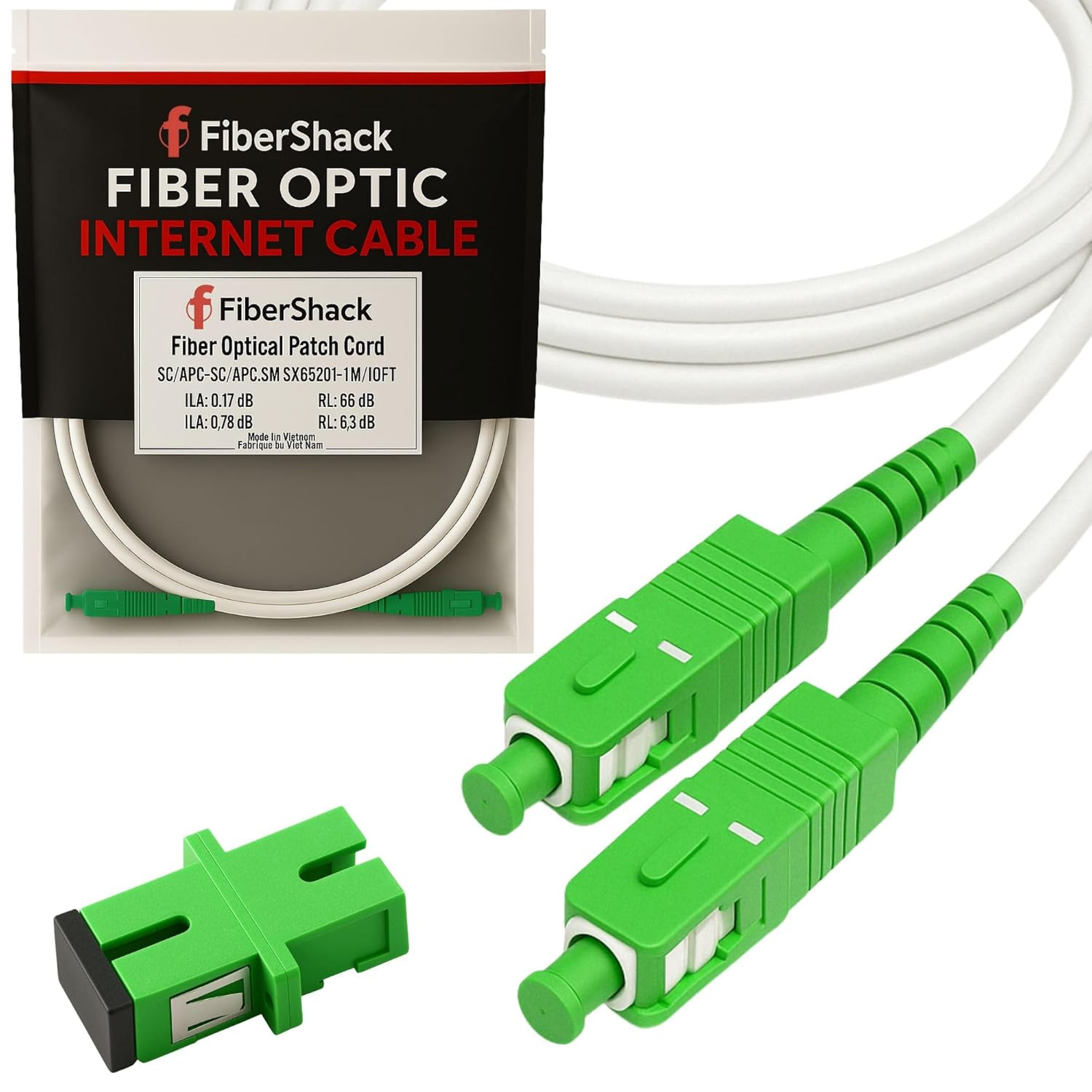 – 3M / 10ft Fiber Optic Internet Cable & Connector – SC/APC to SC/APC – White –