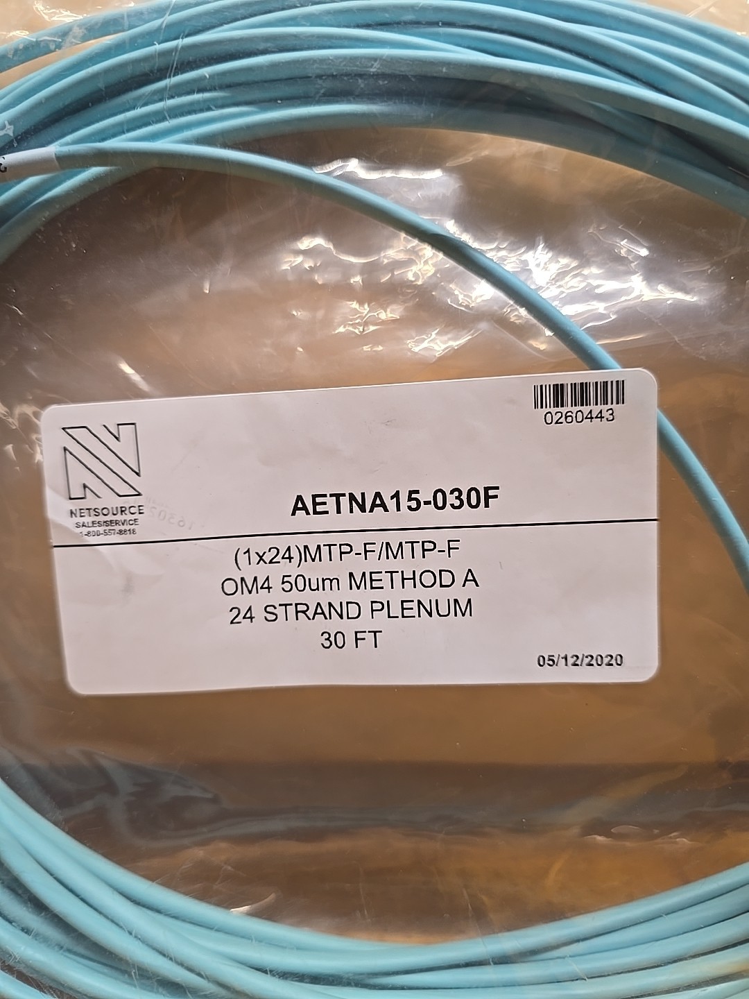 30ft OM4 MTP/MPO Premium Fiber Cable 24F OFNP Plenum Aqua (1×24)