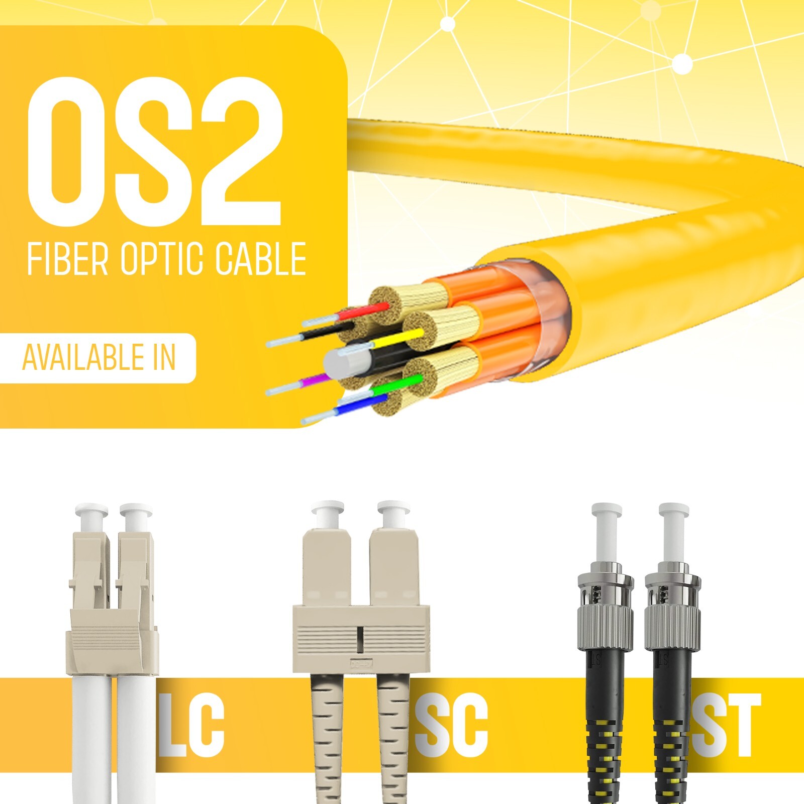 OS2 LC to LC Fiber Optic Patch Cable Single Mode Duplex Yellow 9/125 SMF 1M-15M