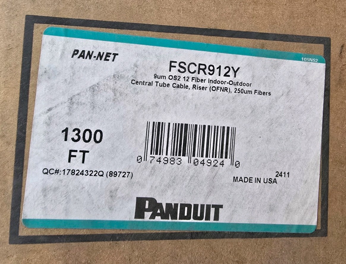 Panduit FSCR912Y | 12 Fiber Cable, OS2, Indoor/Outdoor, Riser, 250µm 1250 Feet