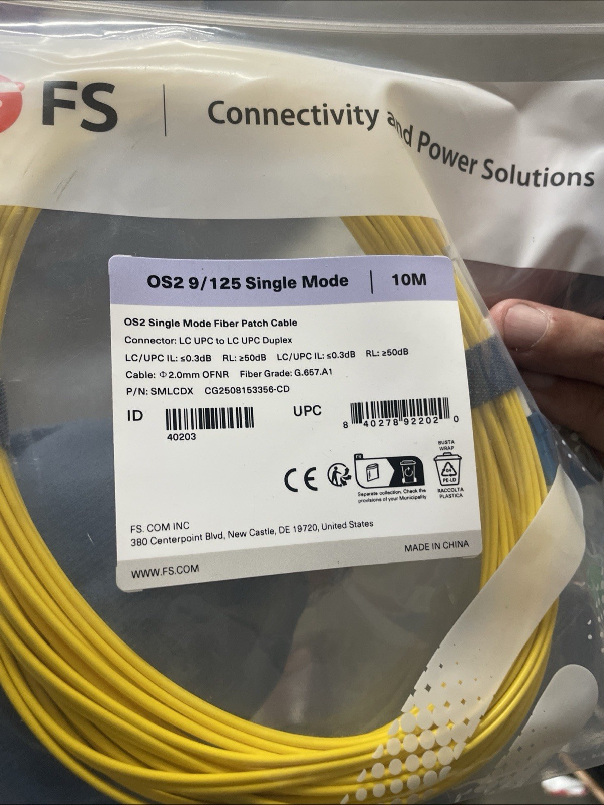 New FS 9/125 Single Mode fiber cable 10M LC/UPC -LC/UPC Simplex OS2