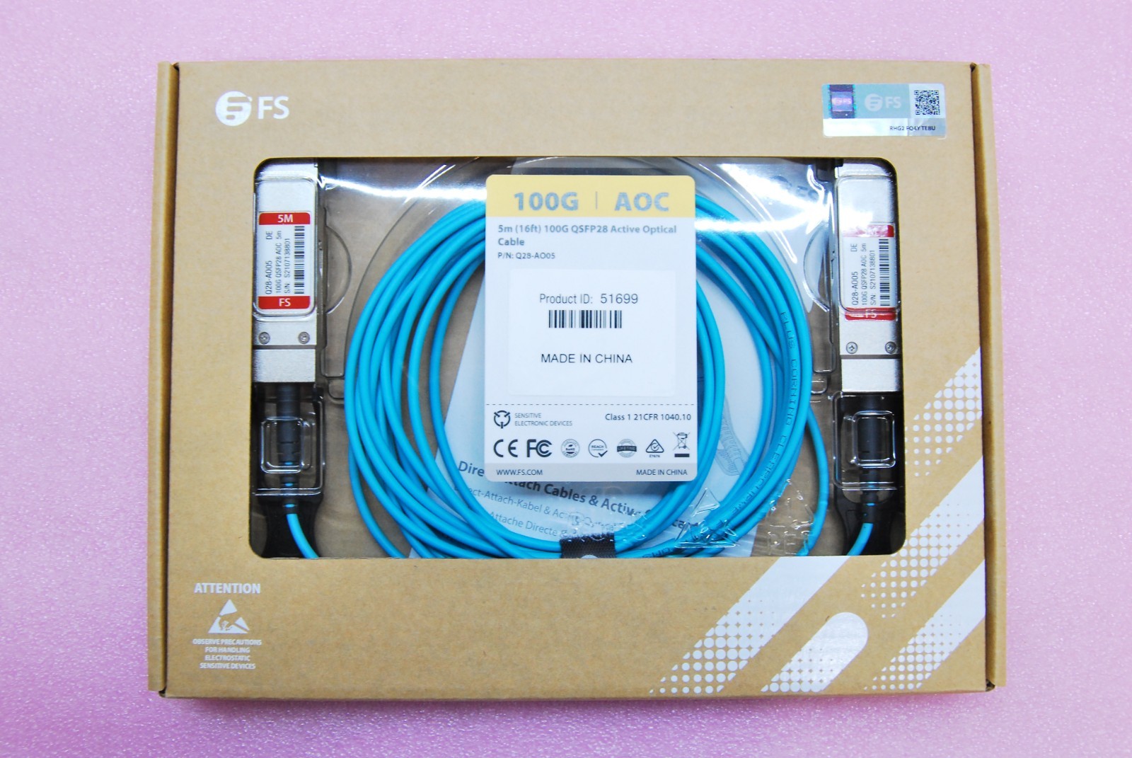 FS 100G AOC 5M (16FT) 100G QSFP28 ACTIVE OPTICAL CABLE Q28-AO05 T8-B10