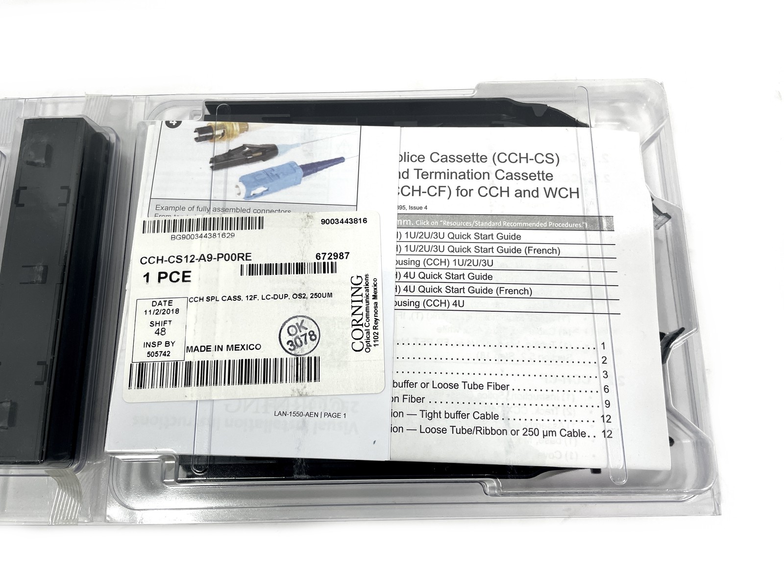 New Corning CCH-CS12-A9-P00RE CCH Pigtailed Splice Cassette 12F LC Duplex OS2