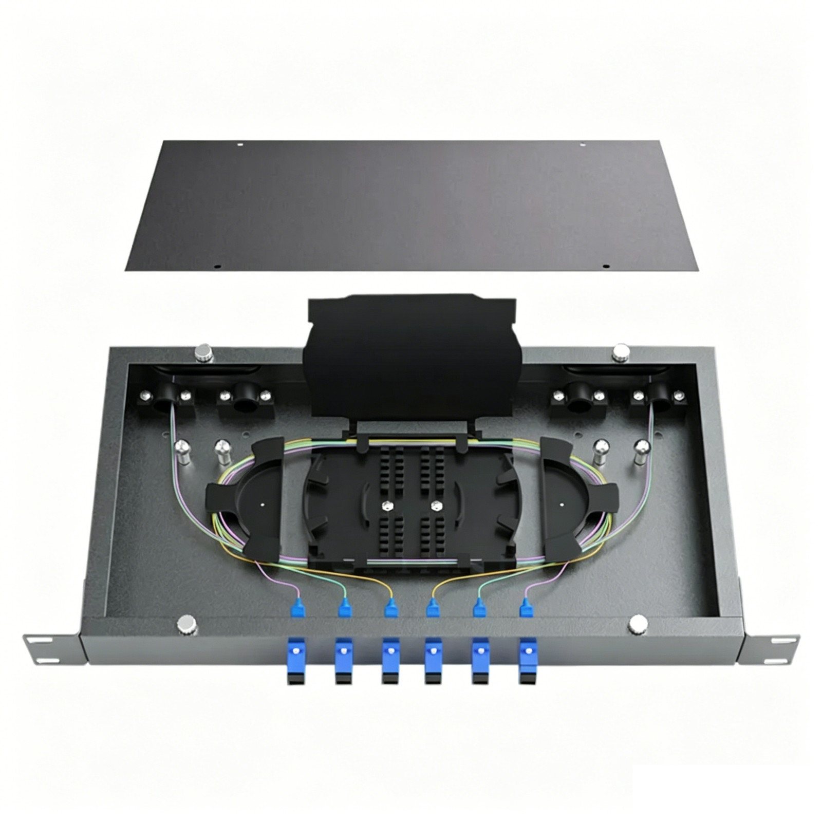 1U 19″ 6 Port Fiber Optic Patch Panel Box FTTH SC/FC/LC/ST UPC Adapters Pigtails
