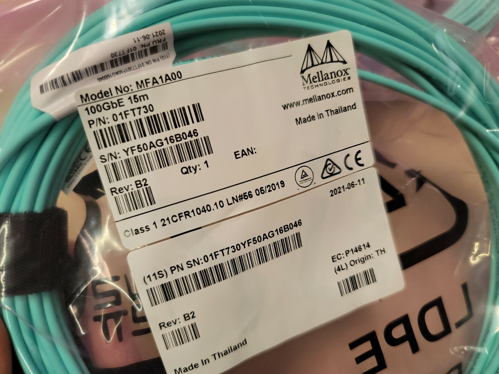 MFA1A00 01FT730 Mellanox AOC Cable IB EDR up to 100Gb/s QSFP 15M