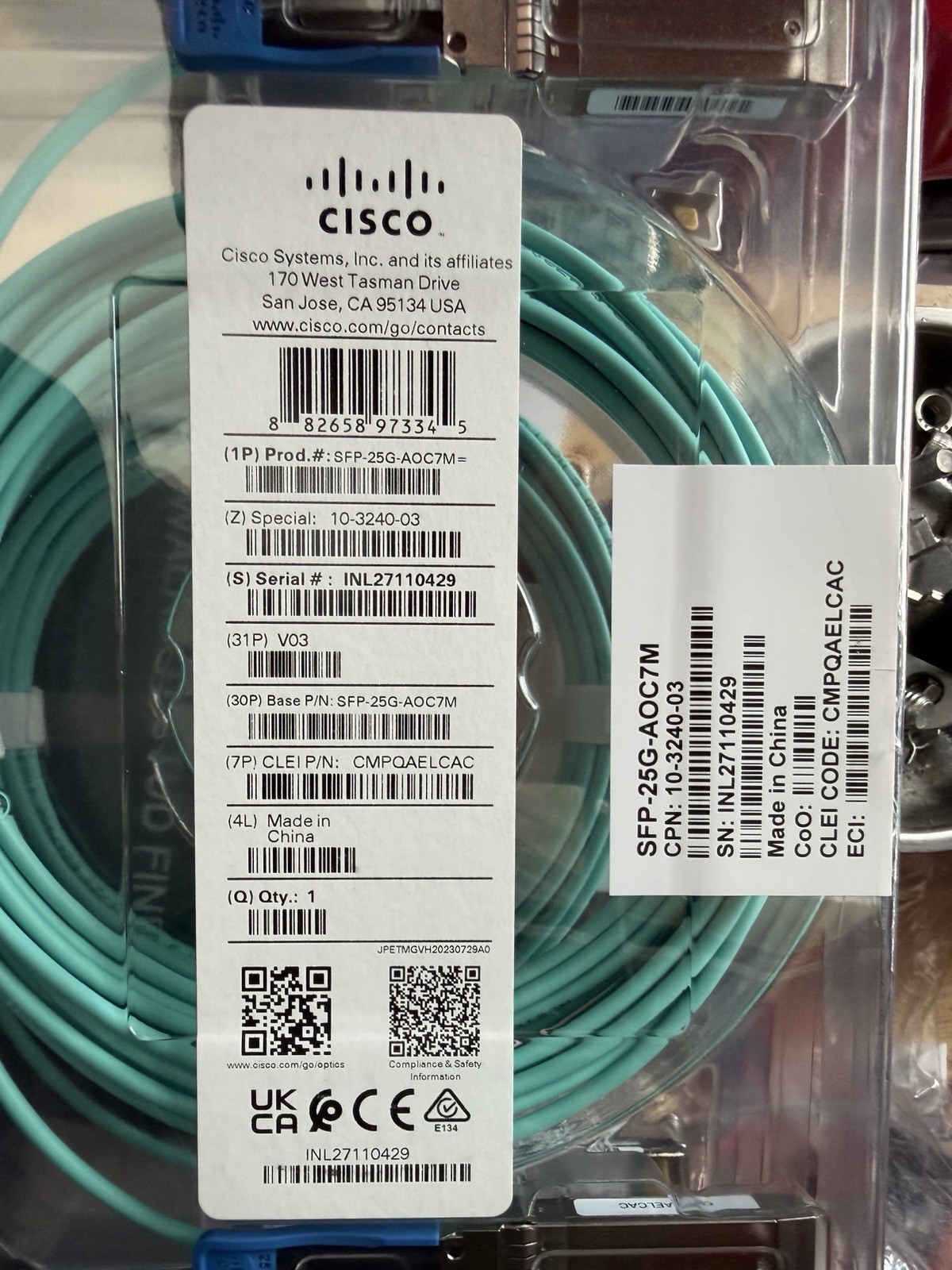 New genuine Cisco SFP-25G-AOC7M 7m Aqua Duplex SFP Optical Network Fiber Cable