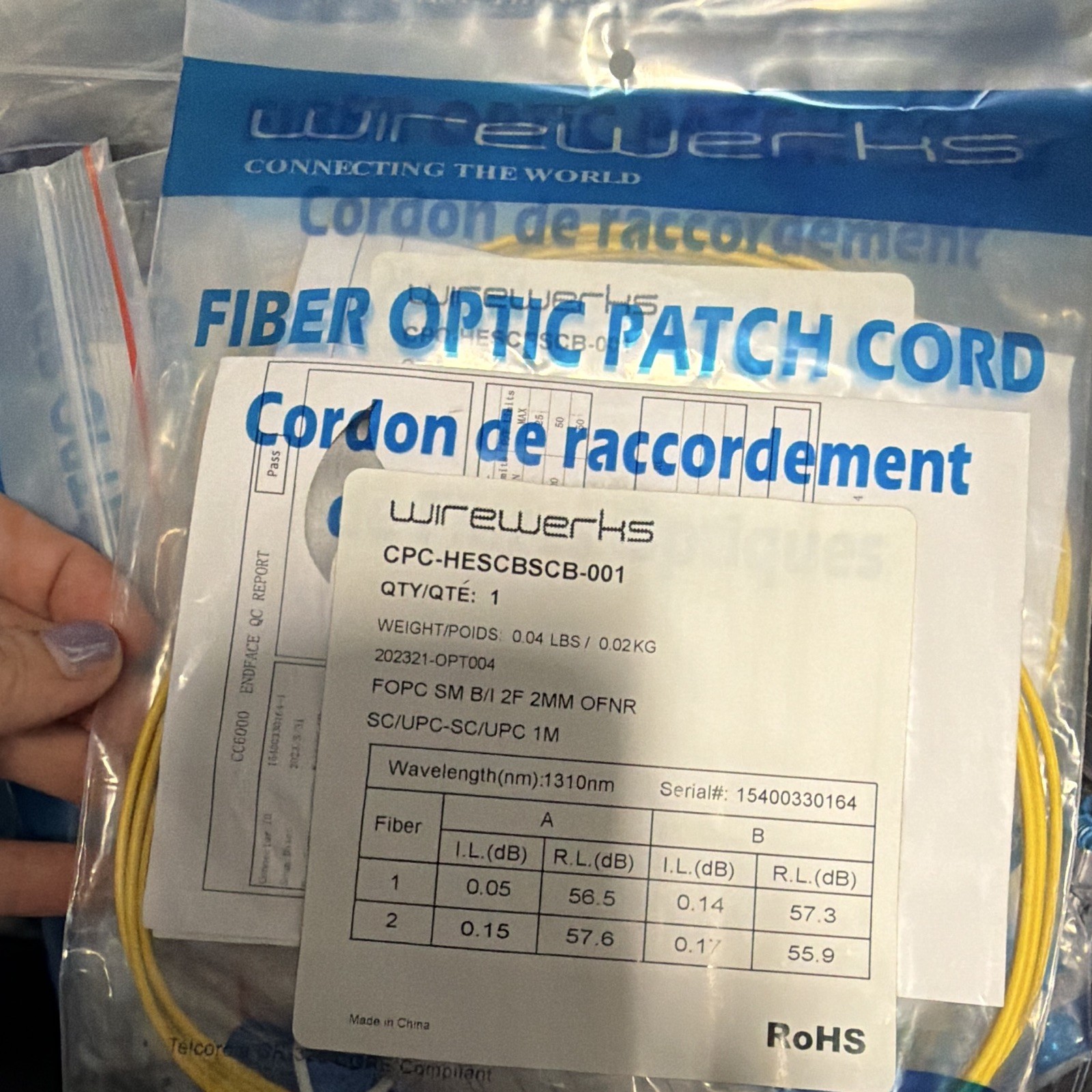 4- Wirewerks Single-Mode SC to SC Fiber Optic Patch Cord Optical Cable 1m YelloW