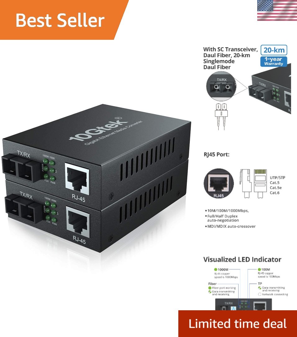Gigabit SingleMode Fiber to Ethernet Media Converter, Dual SC Fiber, 1000Base…