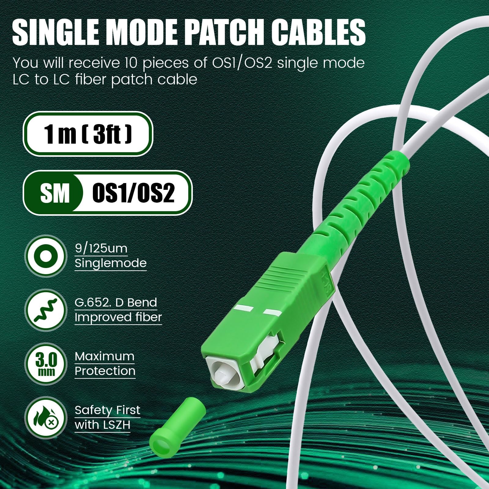 3ft 1M SC/APC to SC/APC Fiber Optic Internet Cable Singlemode 9/125um 10 PCS