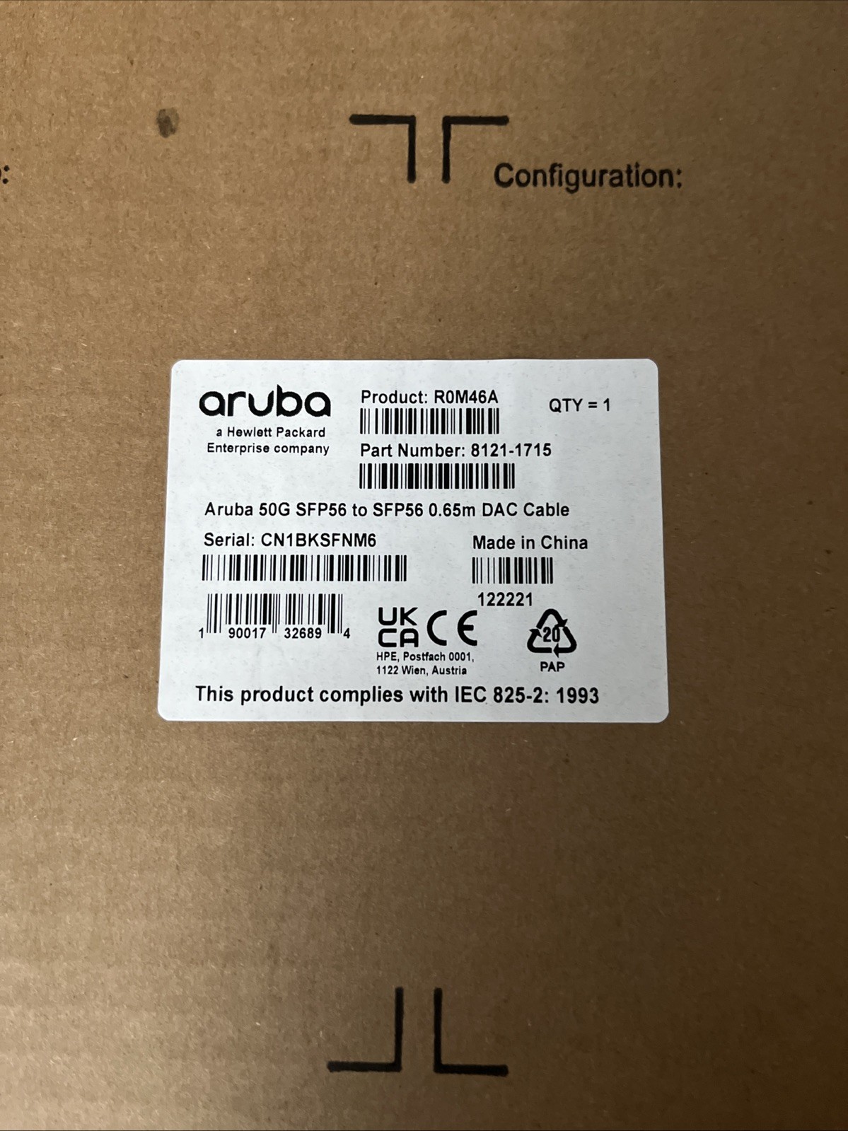 (New) ROM46A Aruba 50G SFP56 To SFP56 0.65M DAC Cable