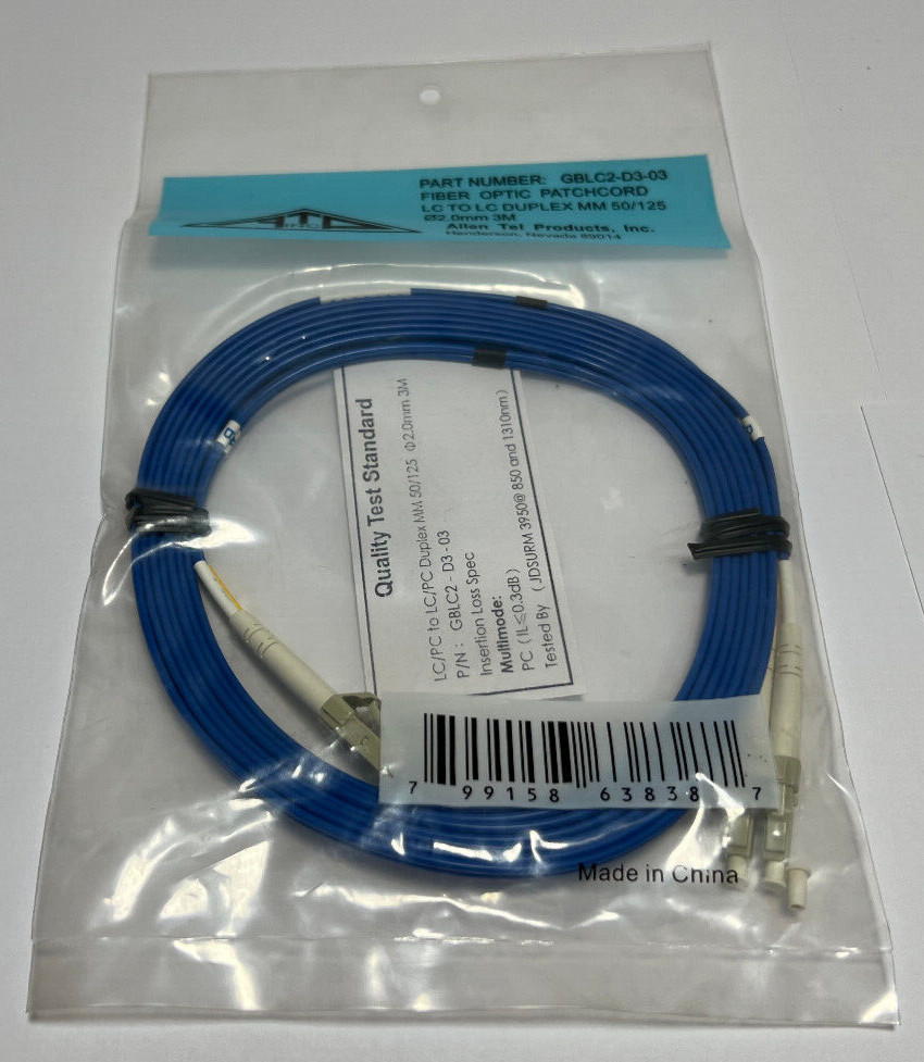 Allen Tel LC-LC Duplex MM 3 Meter Patchcord GBLC2-D3-03 Blue Fiber Optic