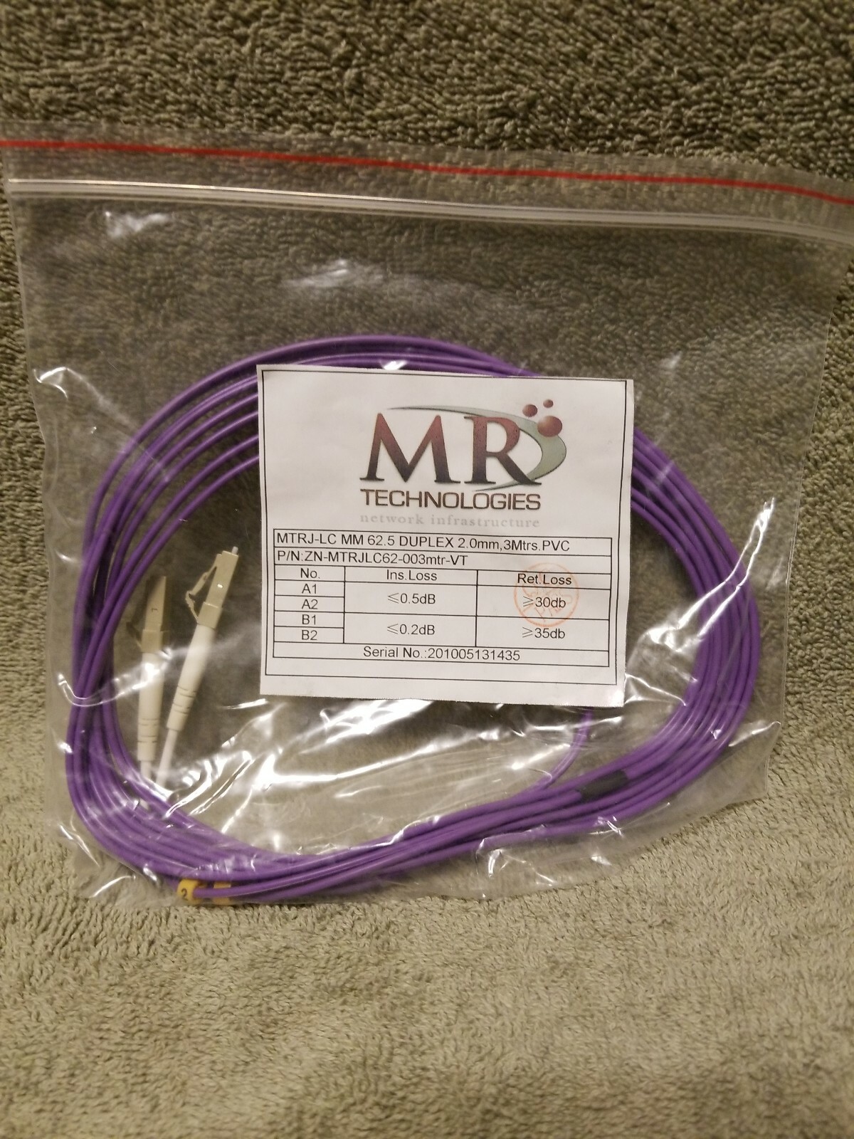 Fiber Optic MTRJ-LC MM 62.5 DUPLEX 2.0mm, 3Mtrs.PVC P/N: ZN-MTRJLC62-003mtr-VT