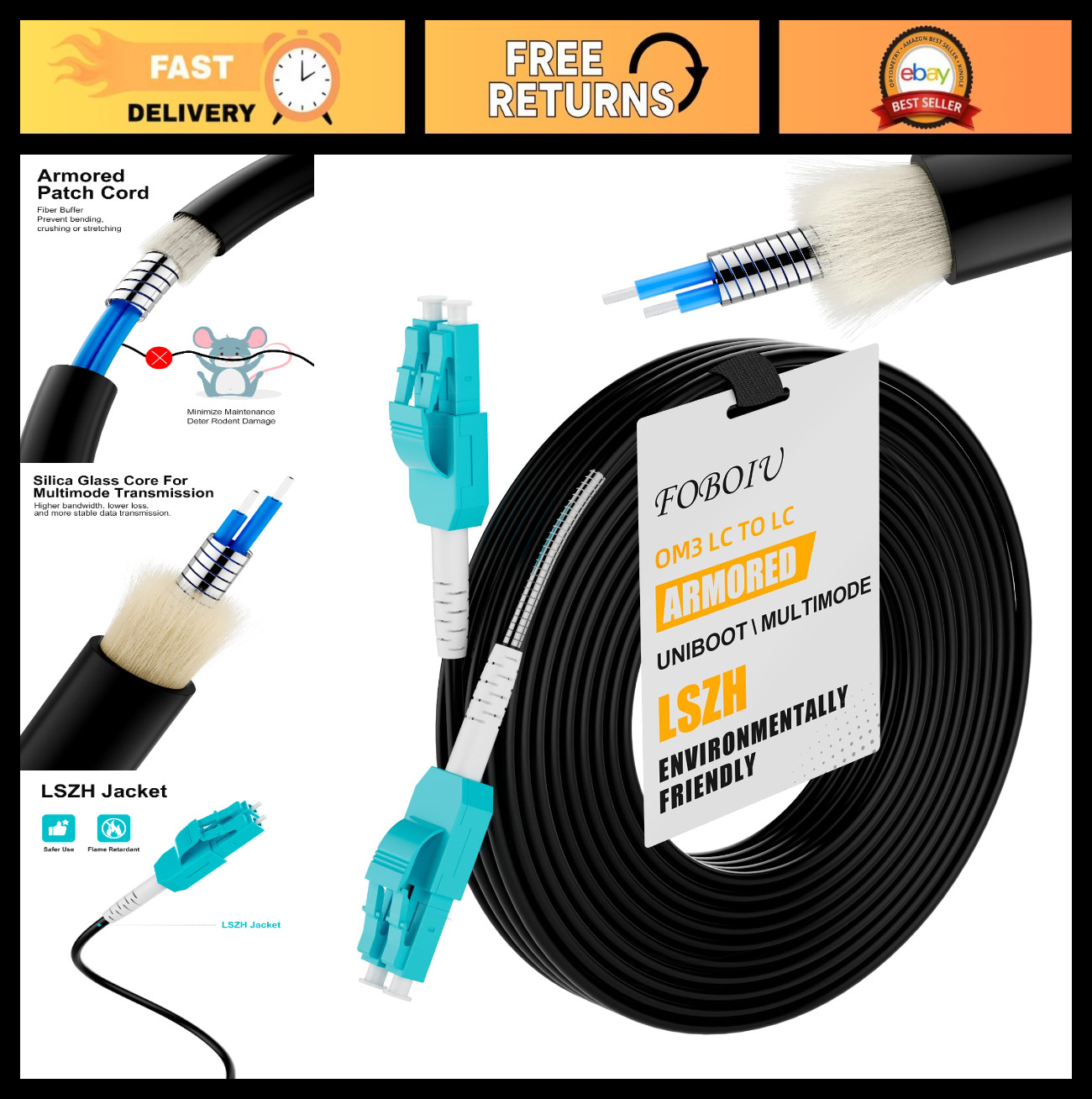 30M Outdoor Fiber Optic Cable LC to LC, Multimode Duplex Armored, 10Gb LSZH, SFP