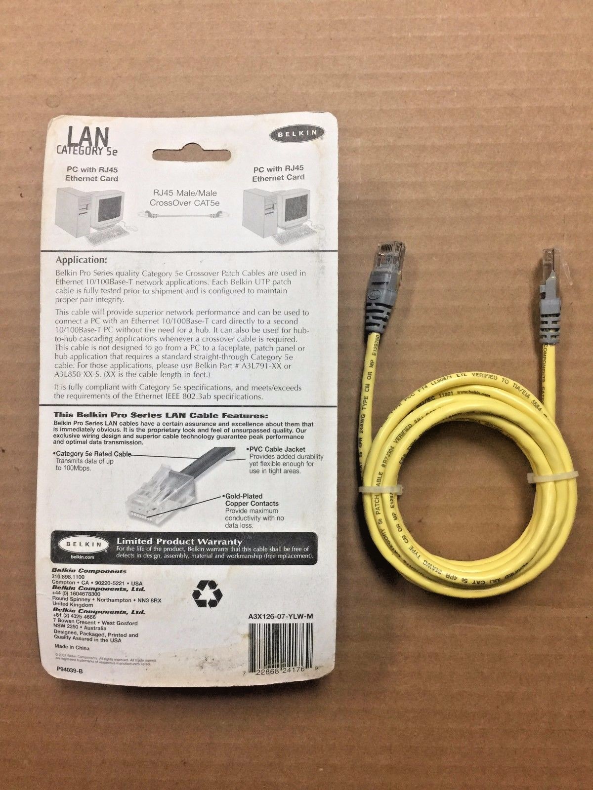 NEW BELKIN RJ45 CAT 5E MALE/MALE 7FT./2.1M CROSSOVER CABLE – R7J304/A3X12607YLWM