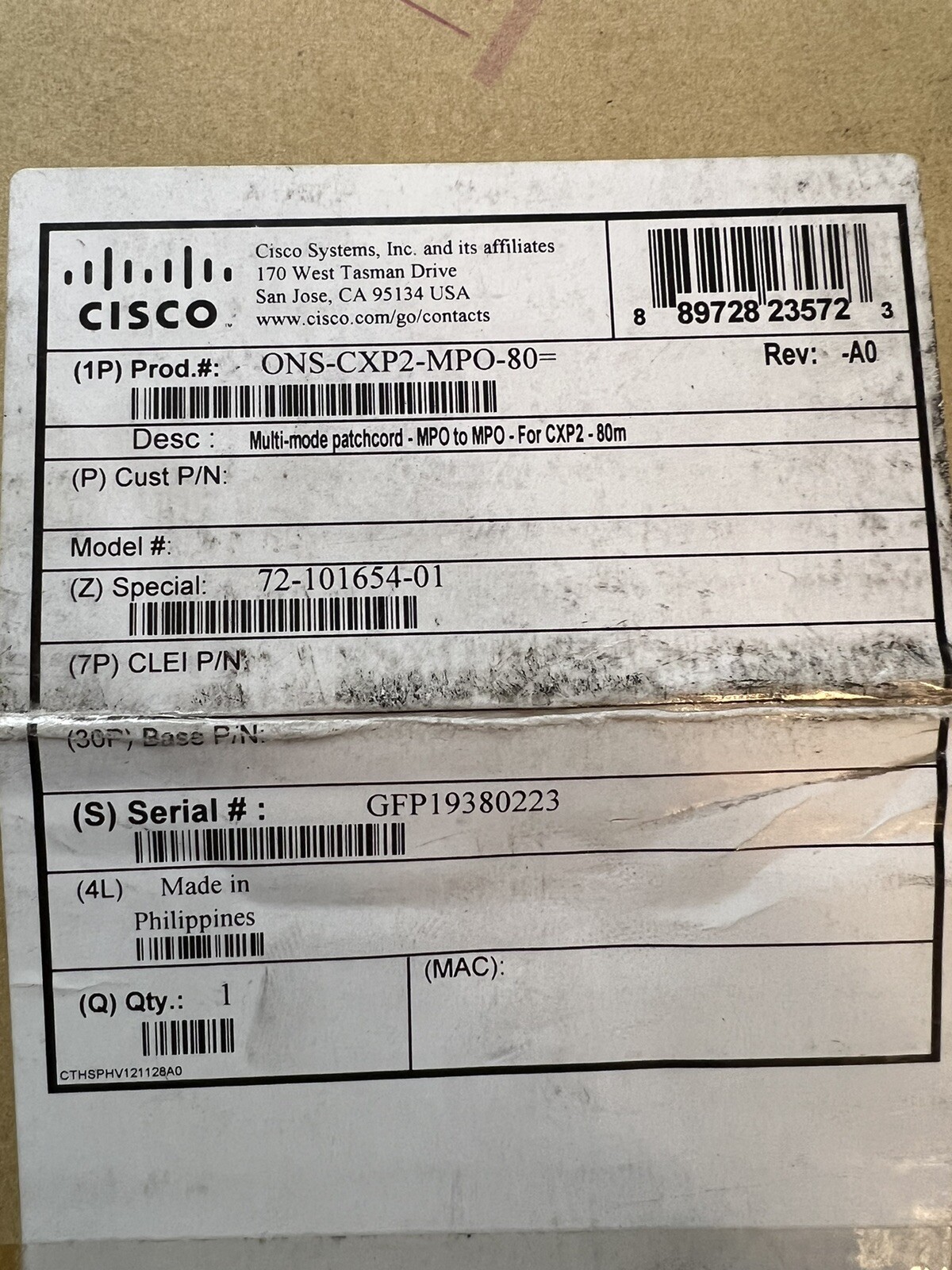 CISCO GO FOTON 72-101654-01 CISCO ONS-CXP2-MPO-80= UPC Patch Cable Spool