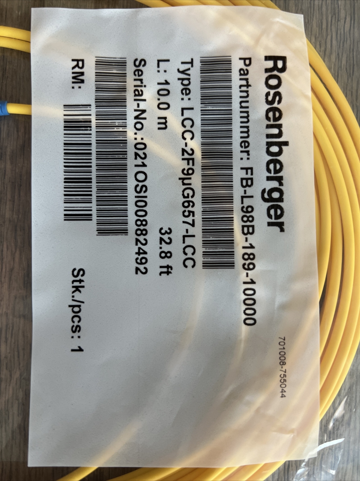 Rosenberger FB-L98B-189-10000. LCC-2F9uG657-LCC 10.0m 32.8ft Single Mode Fiber