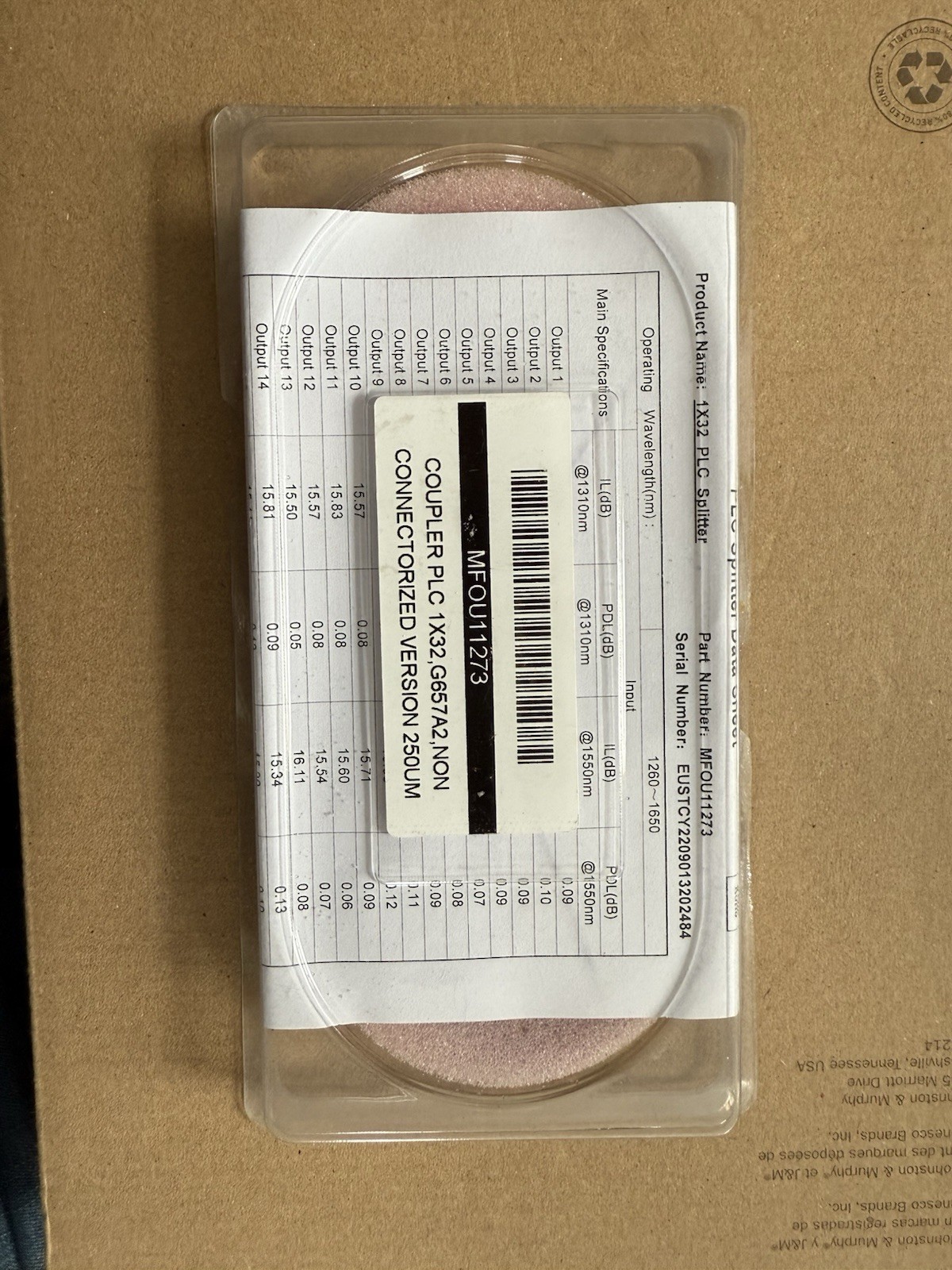 Planar Lightwave Circuit PLC 1×32 Fiber Optic Splitter, Non Connectorized 250UM
