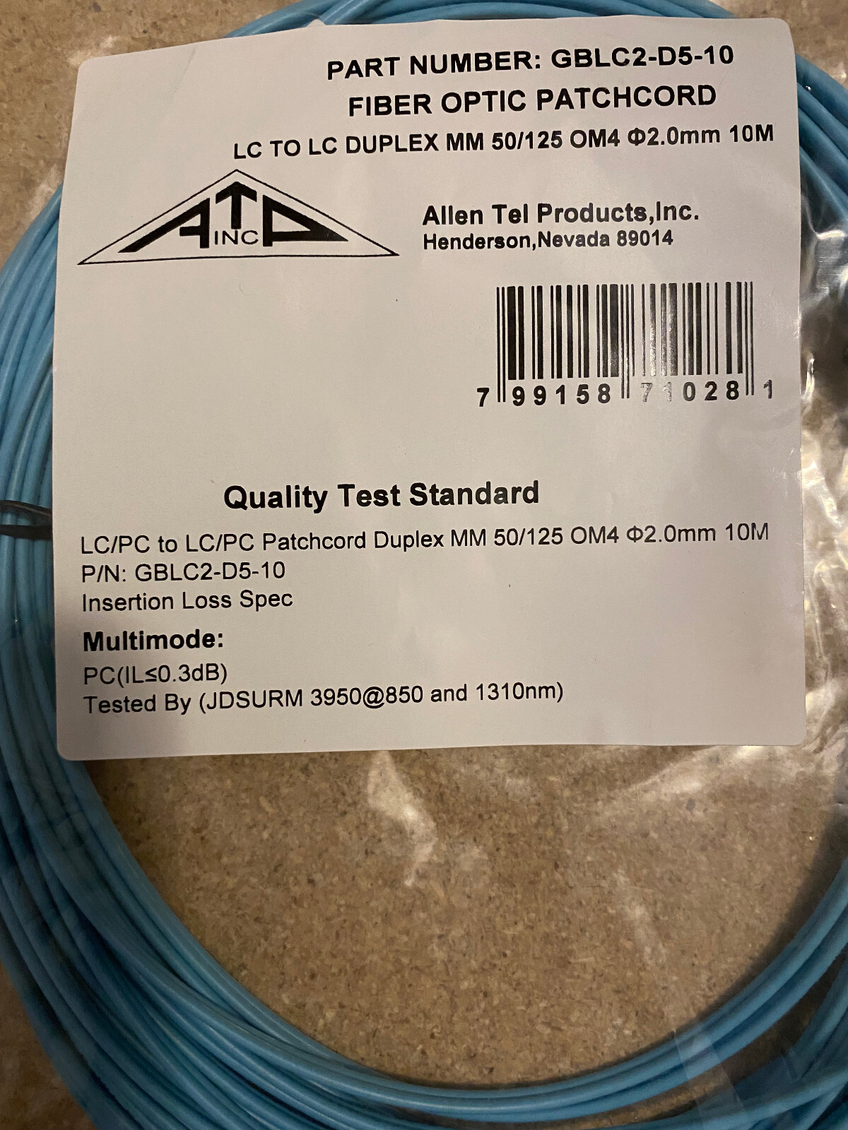 Allen Tel Products ATP 10M LC-LC Patchcord Duplex MM 50/125 OM4 (GBLC2-D5-10)