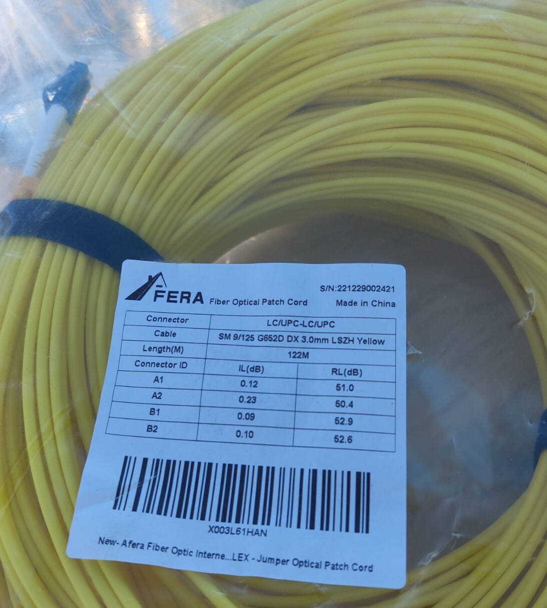 Fiber Optic Patch Cord LC/UPC – LC/UPC 122 M SM 9/125 G652D DX 3.0mm LSZH Yellow