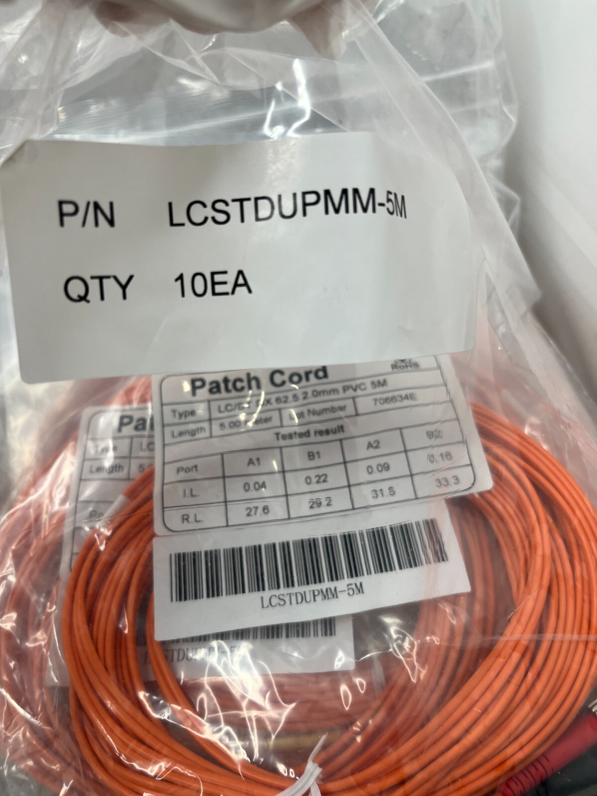 10pk LC/ST Duplex 62.5 2.0mm PVC Patch Cords, Orange 5M each