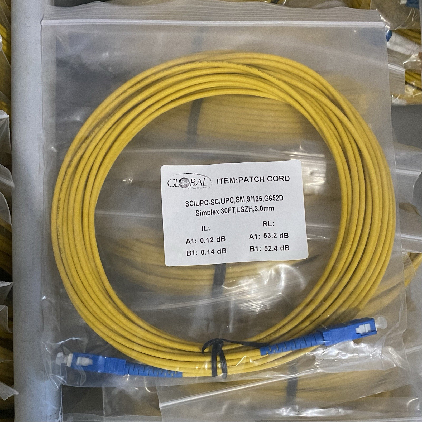SC/UPC to SC/UPC, Simplex, 3mm Jacket, Single Mode Fiber Optic Patch Cord, 30ft