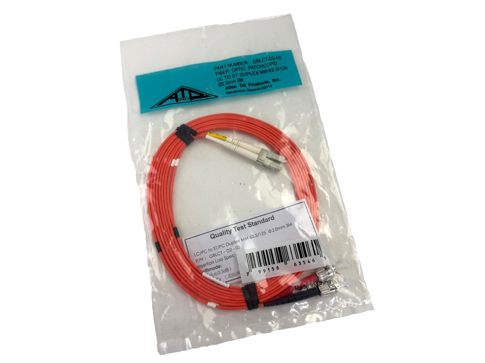 Allen Tel GBLCT-D2-03 Fiber Optic Patch Cord, LC to ST Duplex MM, 3 M