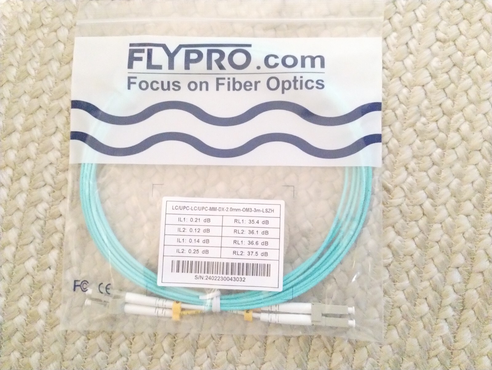 10 Ct. Fiber Optics Flypro LC/UPC-LC/UPC-MM-DX-2.0mm-OM3-3m-LSZH Jumper 3 meters