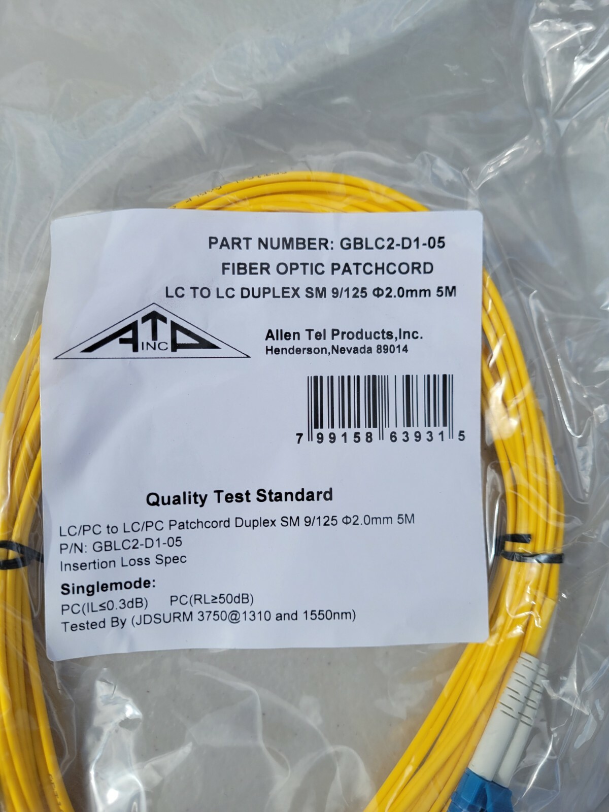 NEW ALLEN TEL GBLC2-D1-05 Singlemode Duplex LC to LC Fiber Optic Patch Cable 5 M
