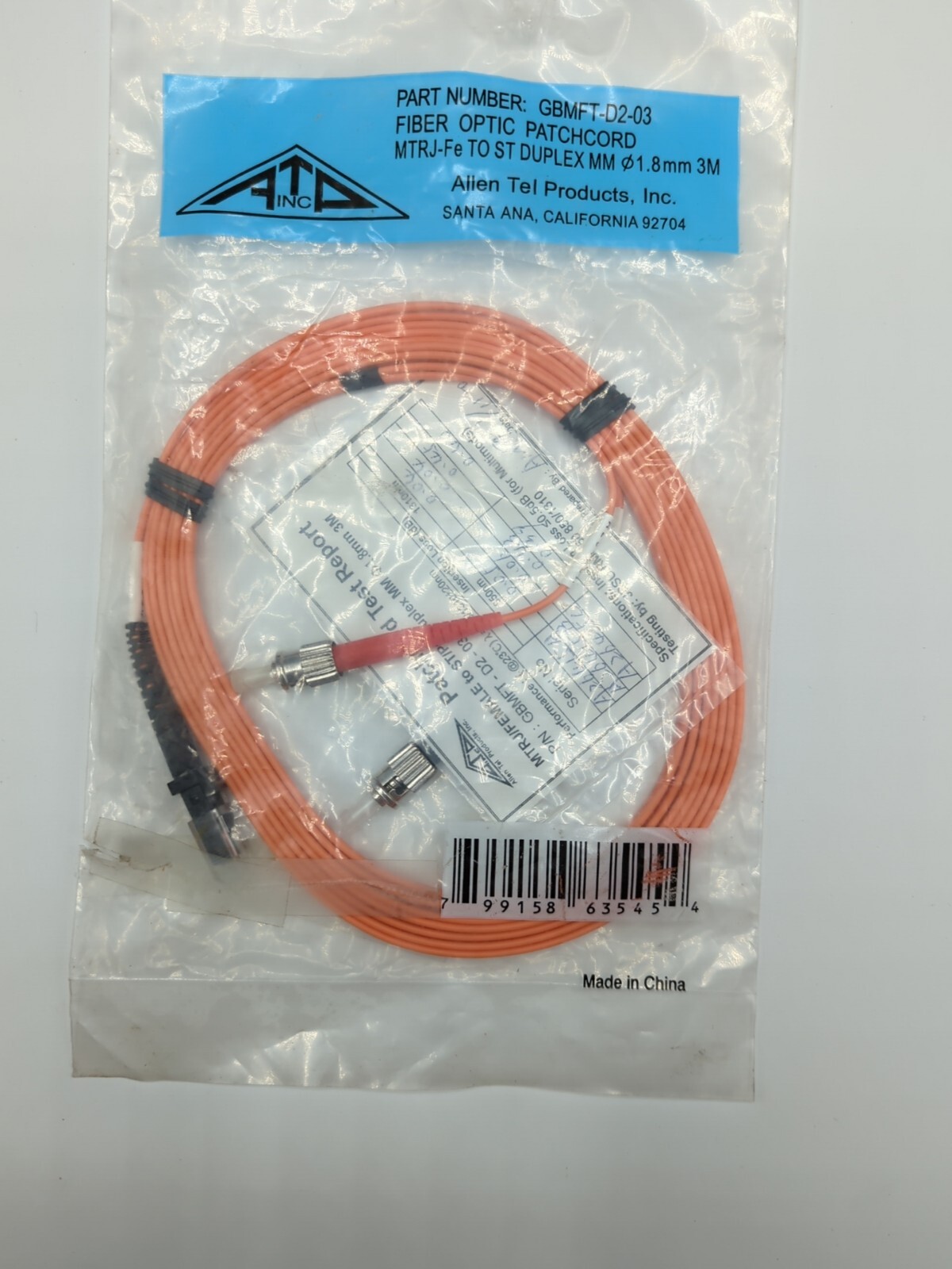 Allen Tel GBMFT-D2-03 Multimode OM1 Duplex MTRJ(F) to ST Fiber Optic Patch Cord