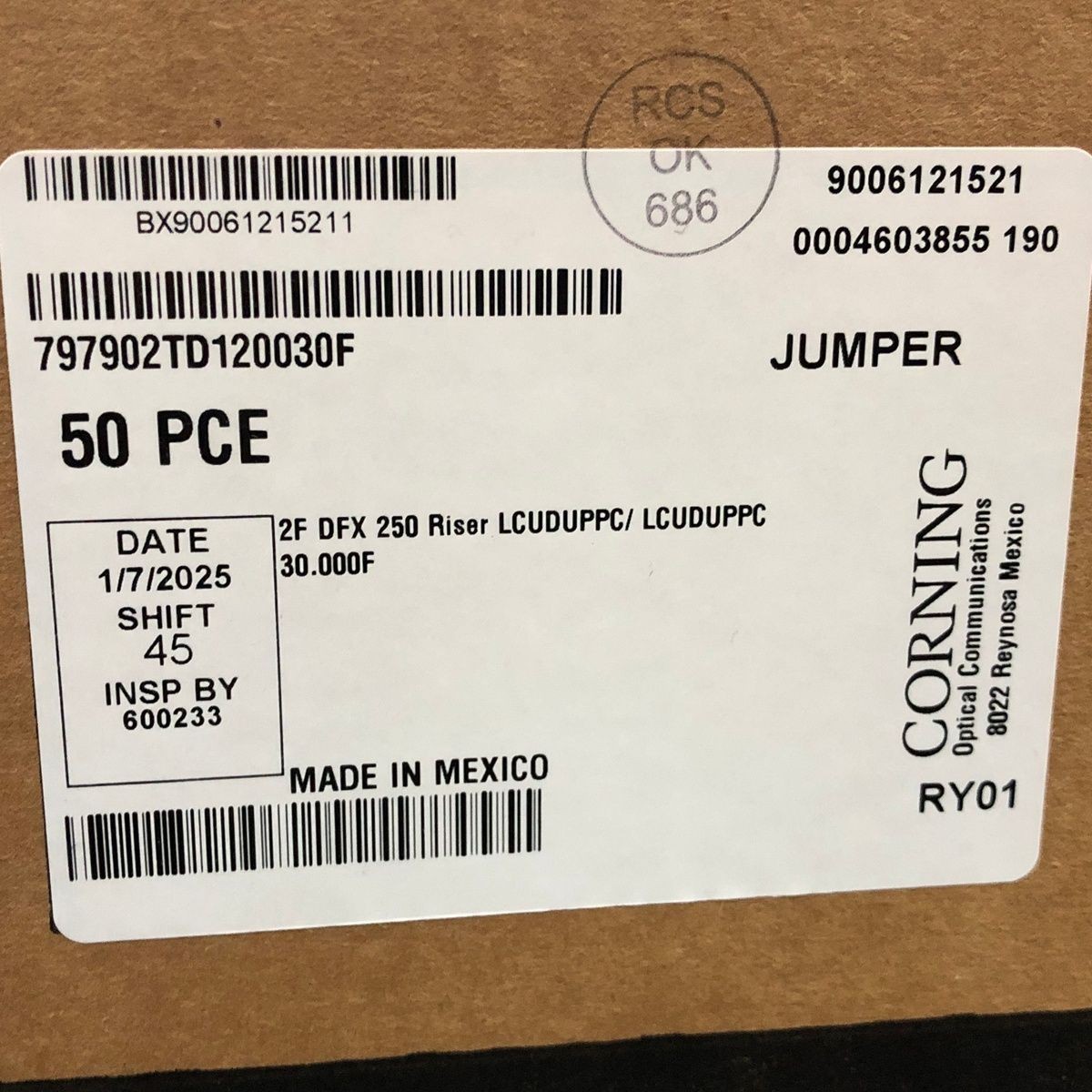 CORNING Fiber Patch Jumper Cables OM3 LC to LC Duplex Aqua Multimode, 50-Count