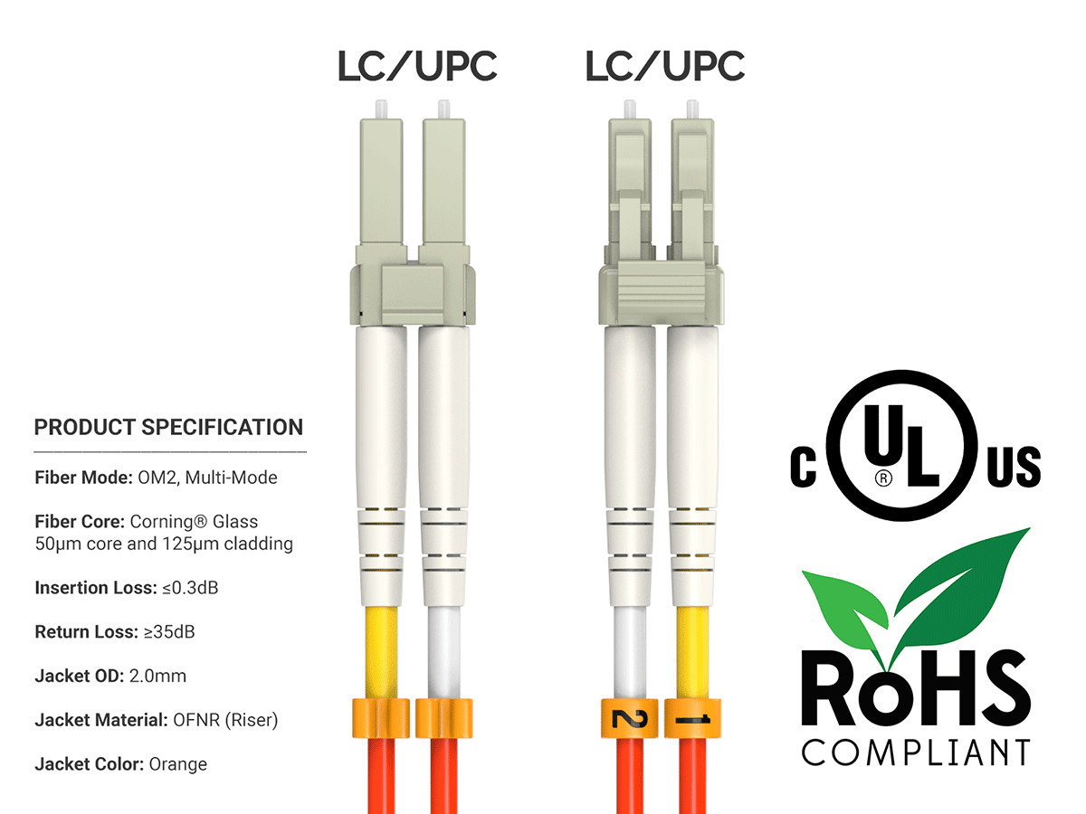 2m OM2 LC to LC UPC Duplex Corning Fiber Optic Cable MultiMode 50/125 OFNR Ra…
