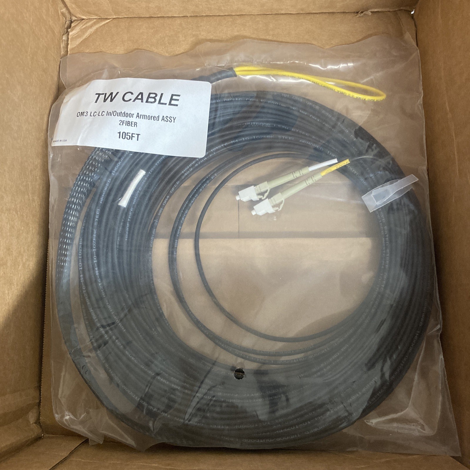 OM3 Fiber Optic Cable LC to LC In/Outdoor Armored Duo 105 Feet, TW Cable
