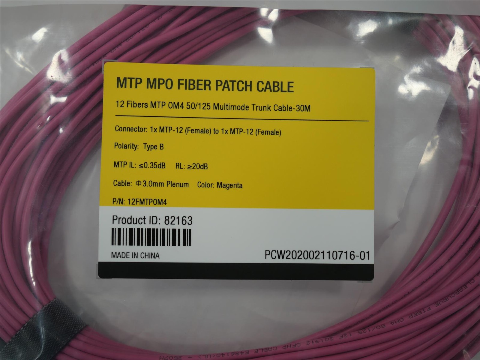 FS MTP/MPO Fiber Patch Cable 12 Fibers OM4 50/125 Multi Mode Trunk Cable 30M