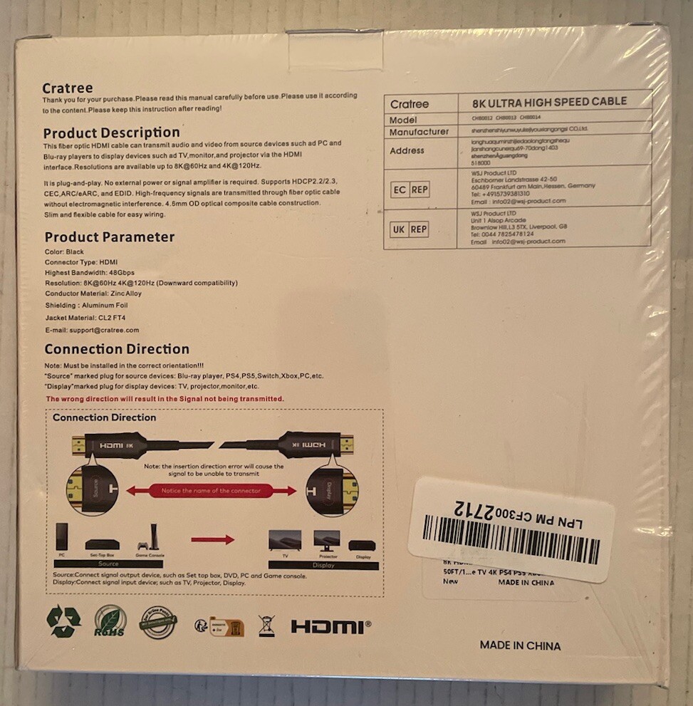 8K Ultra High Speed Fiber Optical HDMI Cable 50’