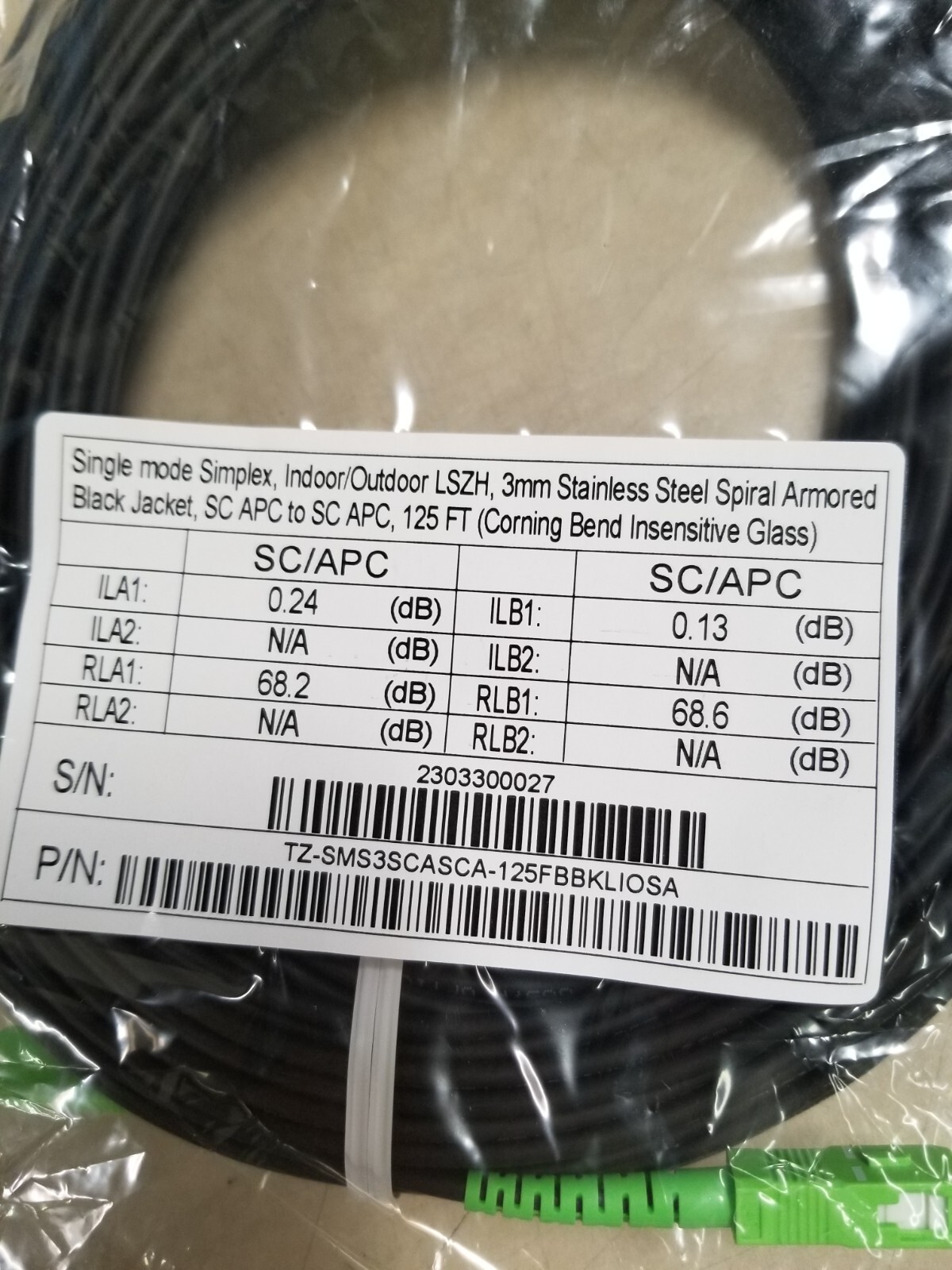 Simplex Indoor/Outdoor SC/APC to SC/APC Micron Fiber Cable – 100 Feet