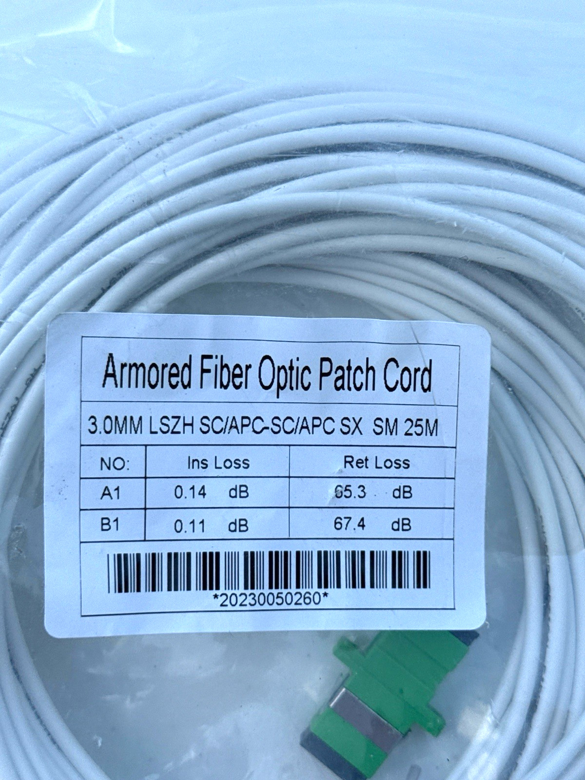 Armored Fiber Optic Patch Cord SC/APC to SC/APC SM Simplex 25M 3.0mm LSZH White