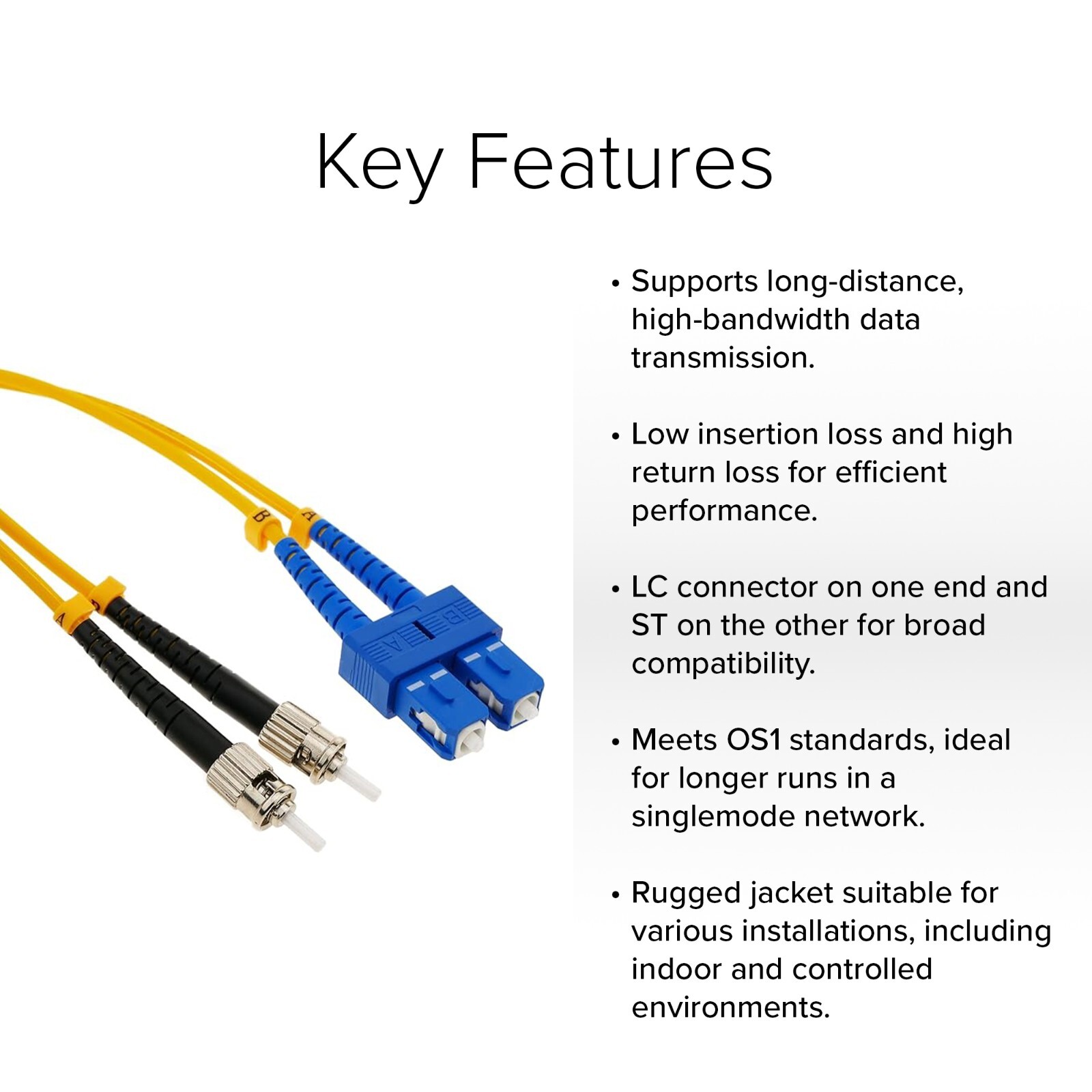 LC/ST 9/125 Singlemode Duplex Fiber Patch Cable – OS1 – 2M | Pro Networking
