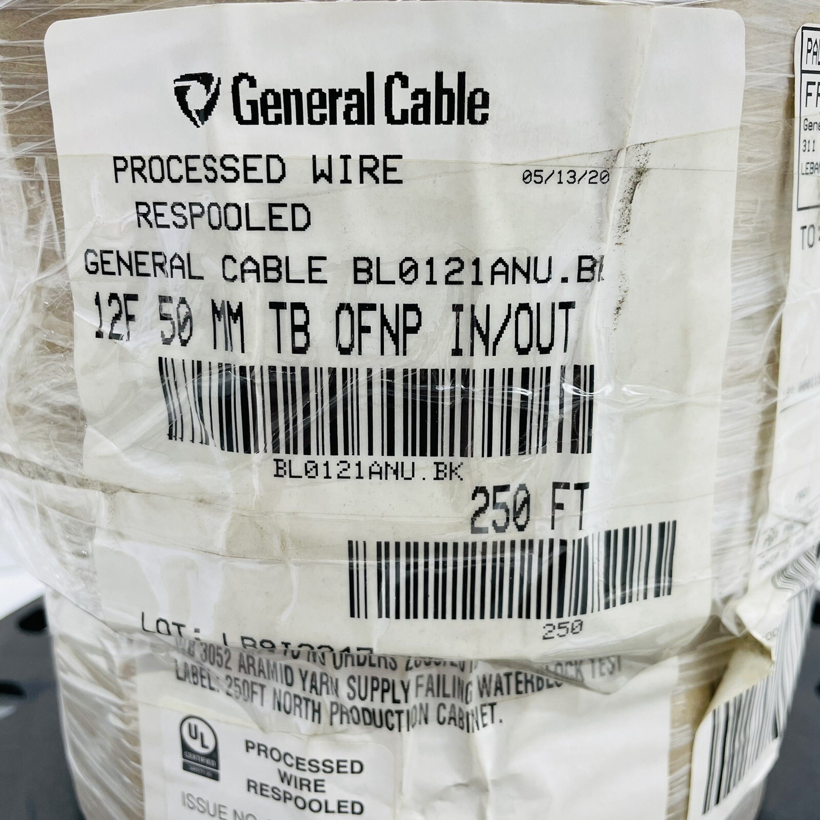 250FT General Cable BL0121ANU.BK 12 Strand Fiber 50UM OFNP Multi-Mode In/Out