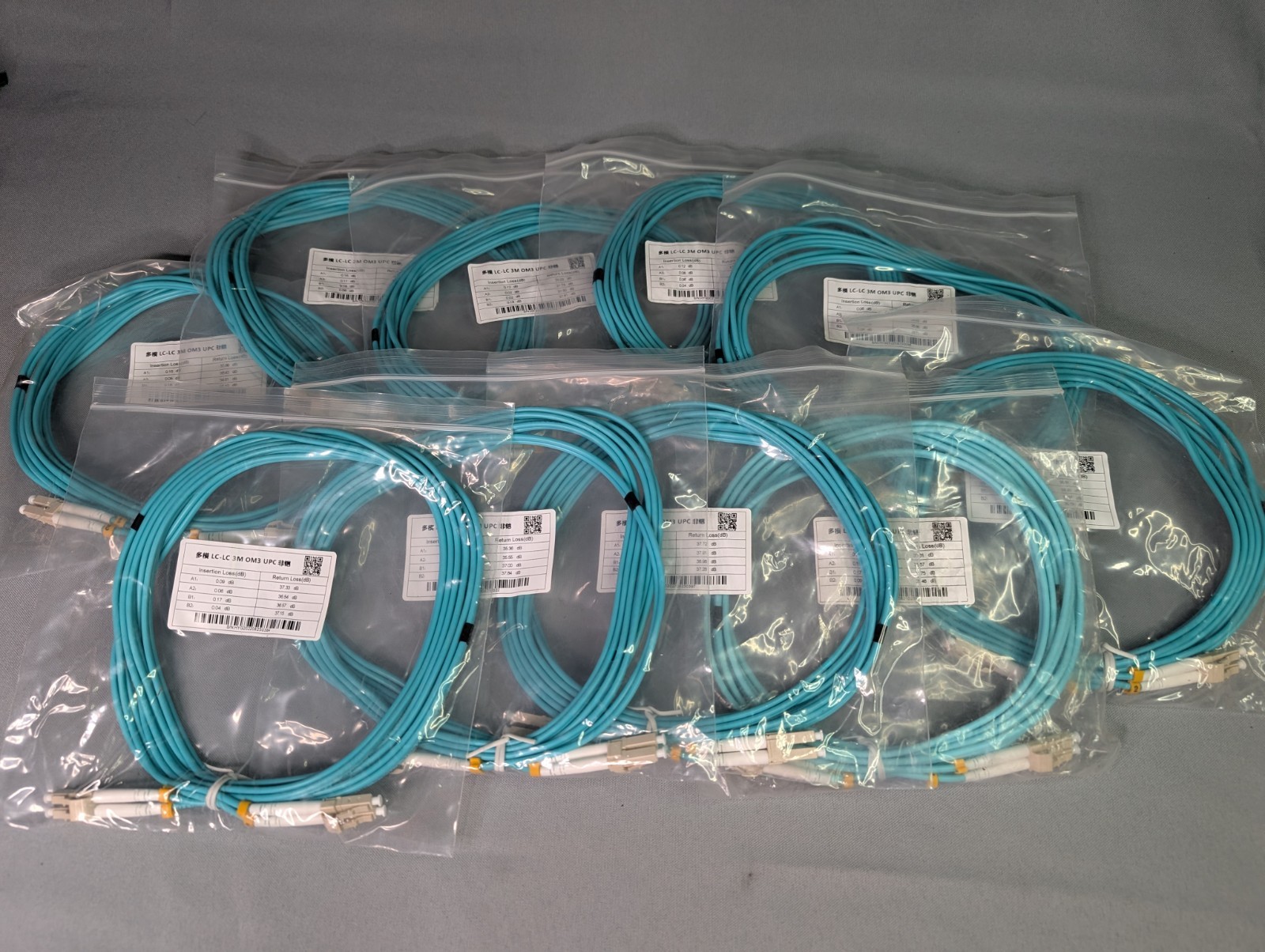 LC-LC Fiber Optic Patch Cable 3M Lot Of 10 Duplex Aqua NEW