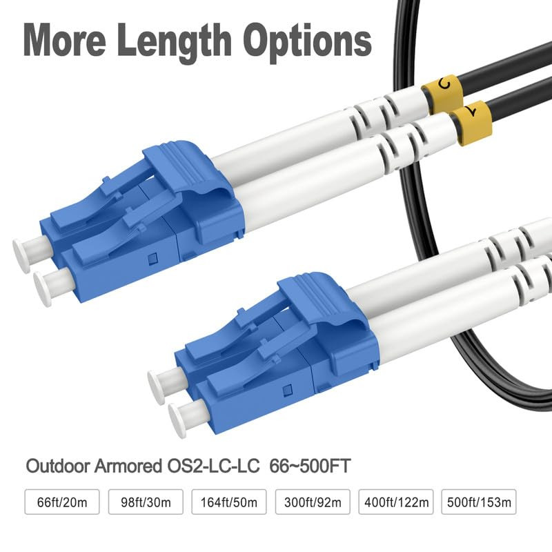 300Ft/92M Outdoor Fiber Optic Cable, LC to LC Single Mode Fiber Patch Cables Arm