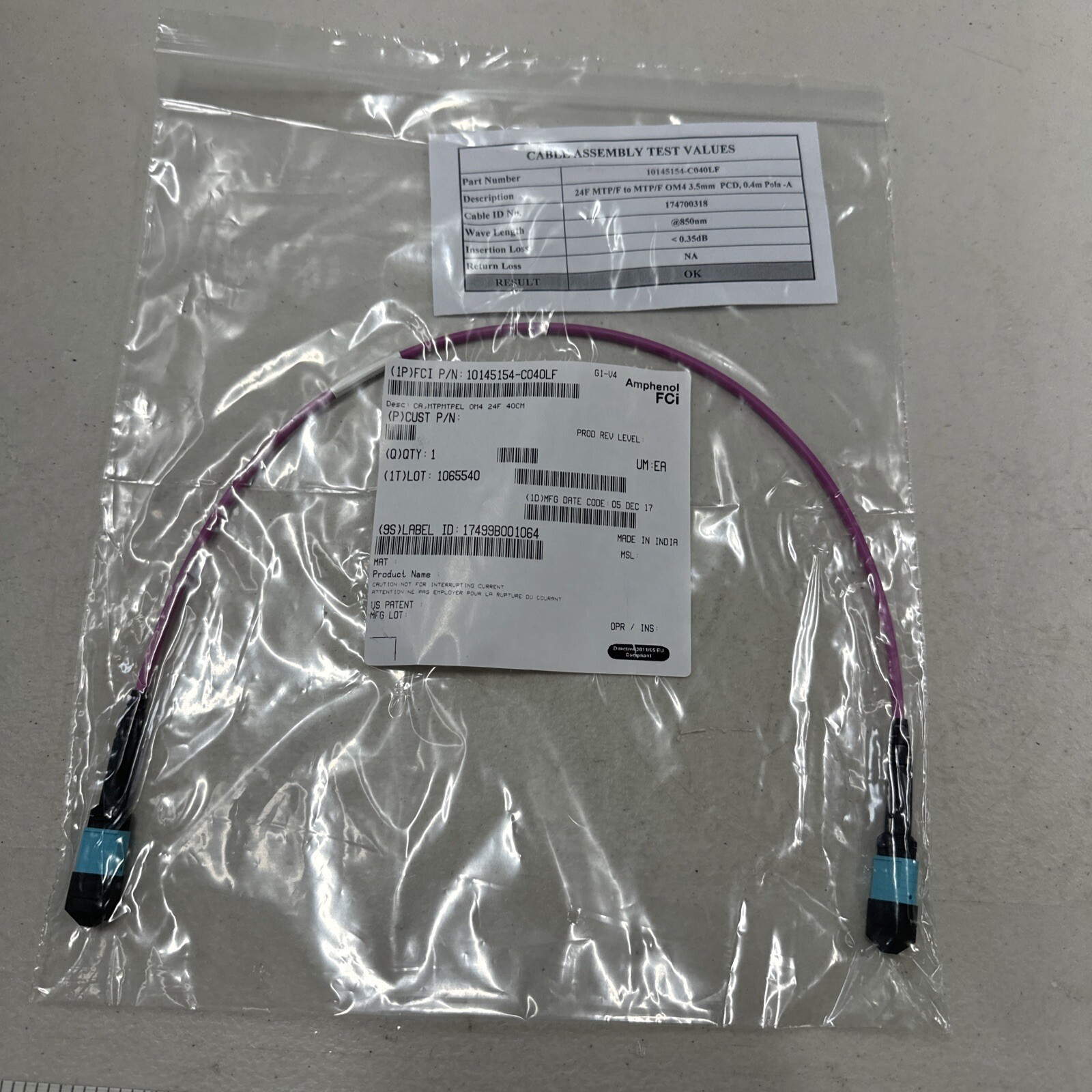 24F MTP/F OM4 MTP/F MULTIMODE ELITE TRUNK CABLE 3.5MM, PART NO 10145154-C040LF