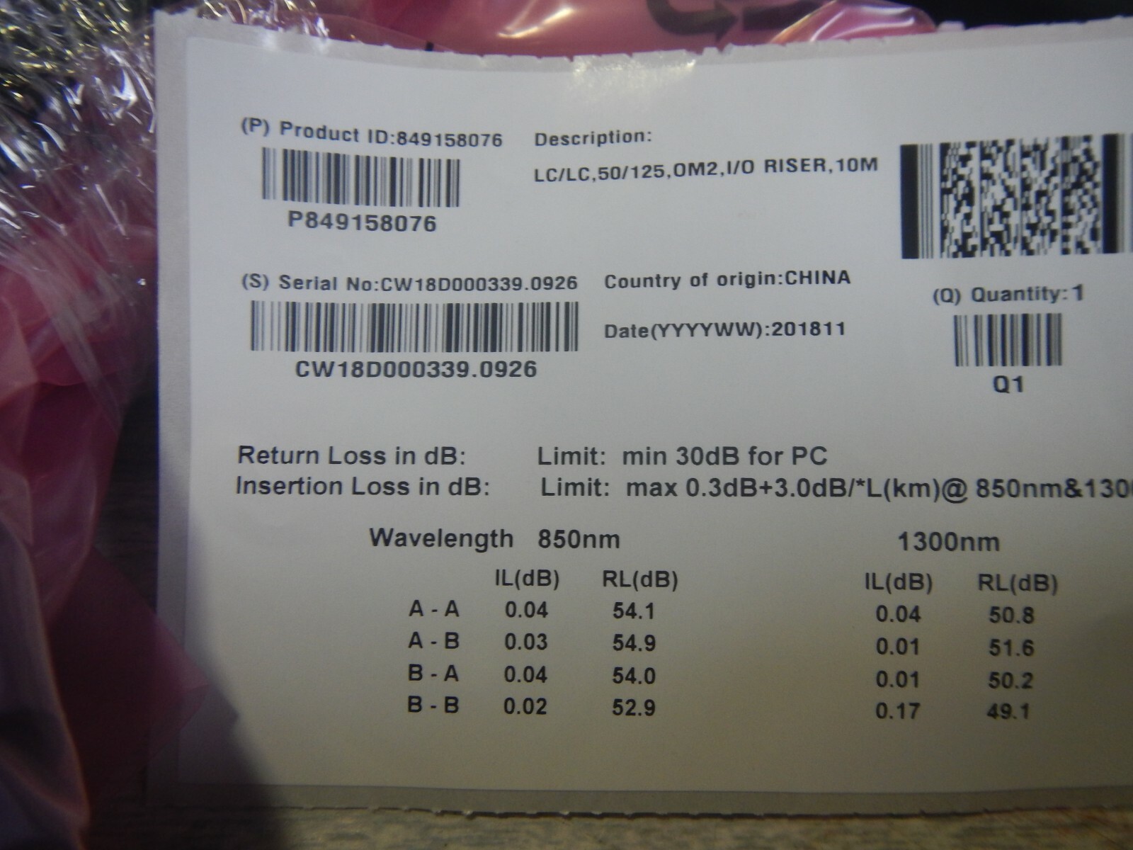 Rosenberger 849158076 Fiber Optical Cable Assembly 10M